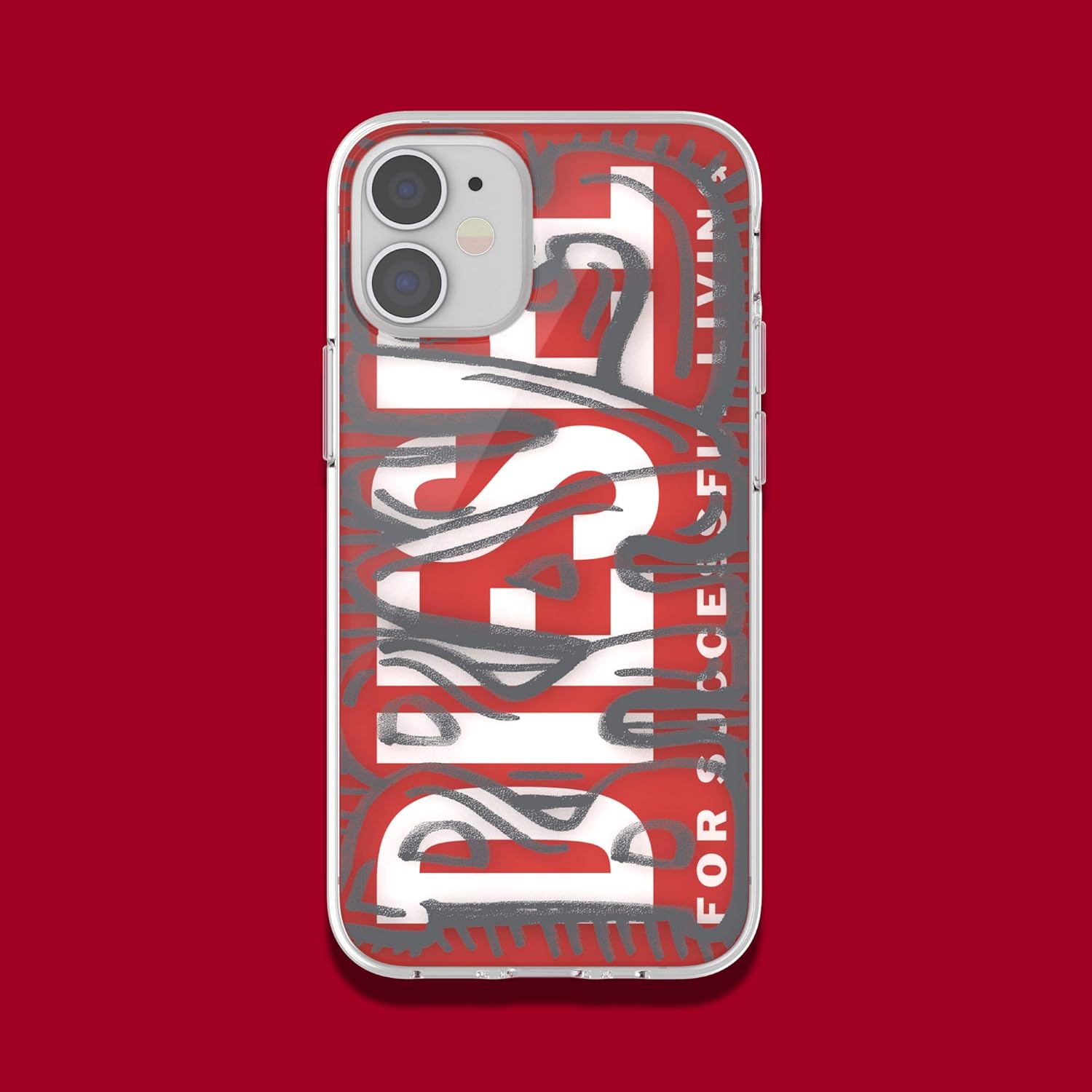 Diesel Designed for iPhone 12 Mini 5.4 Case, Clear Snap Case, Shockproof, Drop Tested Protective Cover with Raised Edges, Red/Grey iPhone 12 Mini Red/grey