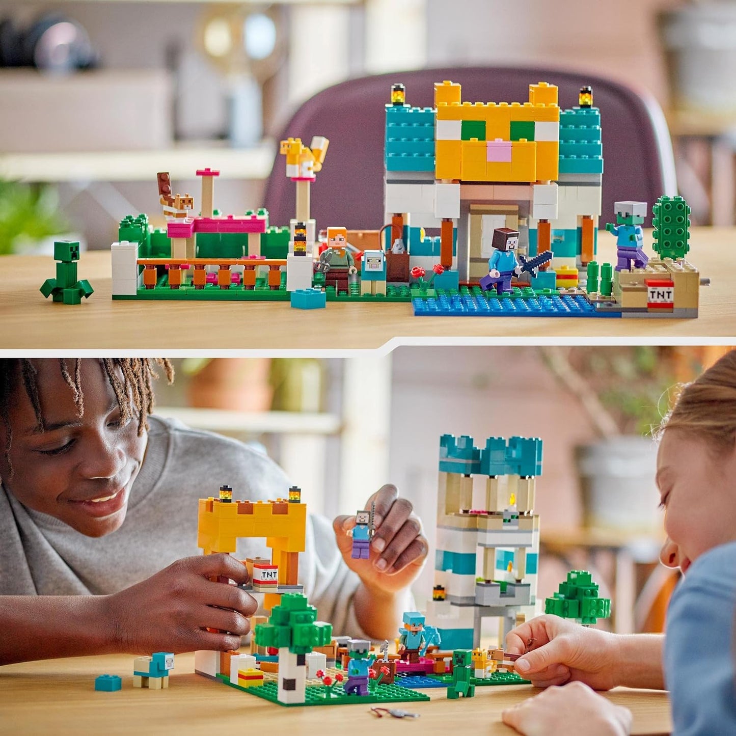 LEGO 21249 Minecraft De Crafting-box 4.0 2in1 Set, Bouw de Riviertoren of het Kattenparadijs, met Minifiguren van Personages Alex en Steve & Creeper en Zombie Mobs figuren, Cadeau voor Kinderen 21249