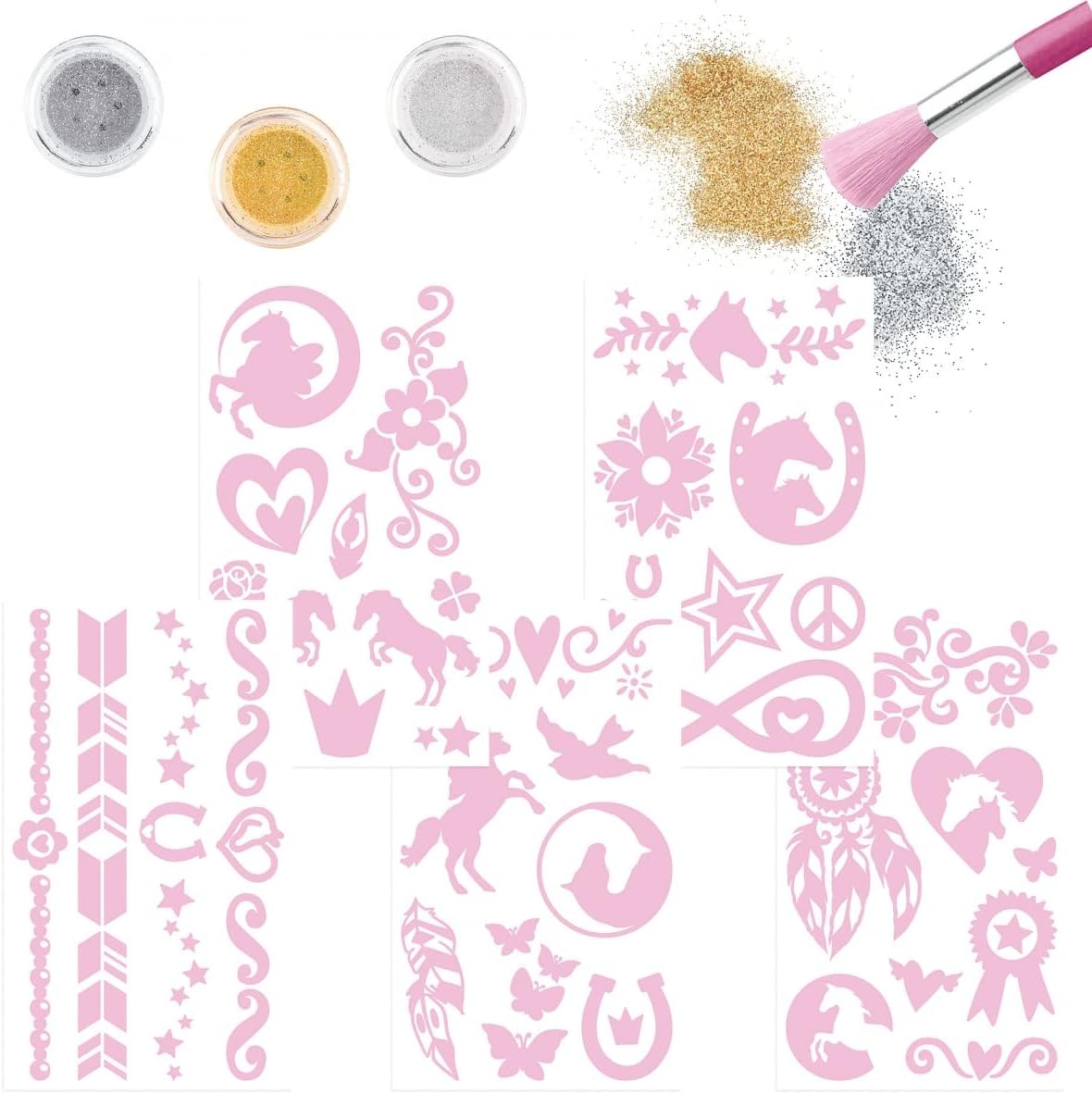 Depesche Miss Melody 12032 Glitter Tattoo Set for Children with 38 Adhesive Tattoos, 1 Brush and 3 Glitter Powders in Silver, White and Gold