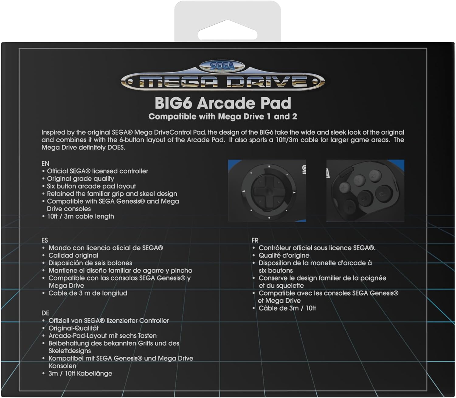 Retro-Bit BIG6 Controller Pad for SEGA Mega Drive & Genesis Consoles - Original Port - Black