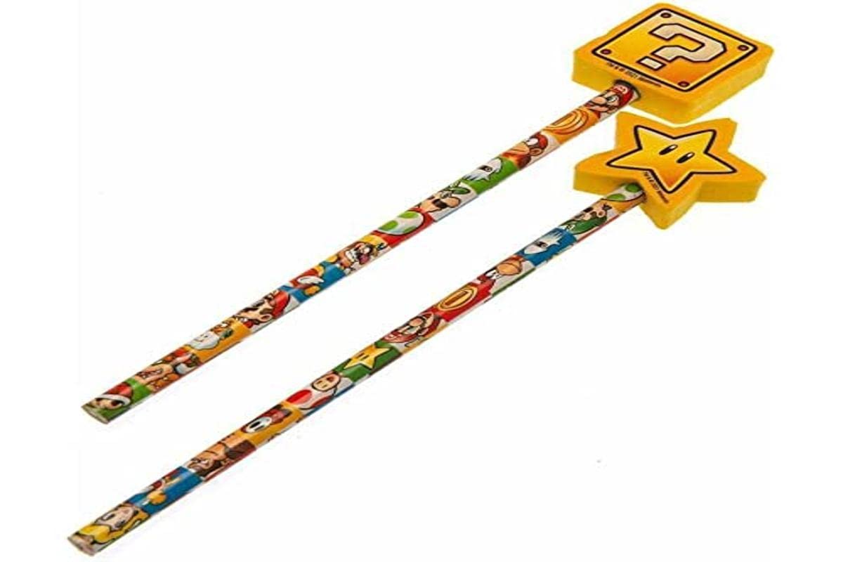 Super Mario Set of 2 Drawing Pencils with Toppers (Colour Block Design) Pencils with Rubbers on The End. Sketching Pencils. Pencil Set. Art Pencils. Pencils for Kids - Official Merchandise