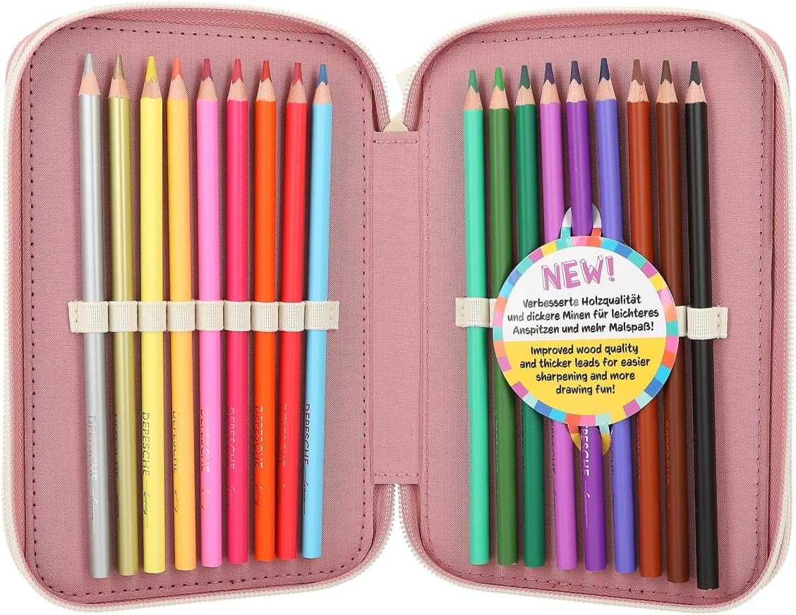 Depesche 12584 TOPModel Cosy - Filled 3-Compartment Pencil Case, Alpaca Motif with Teddy Faux Fur and Colourful Tassels, Includes 18 Coloured Pencils, Ruler, Scissors and More, For Girls Aged 3+