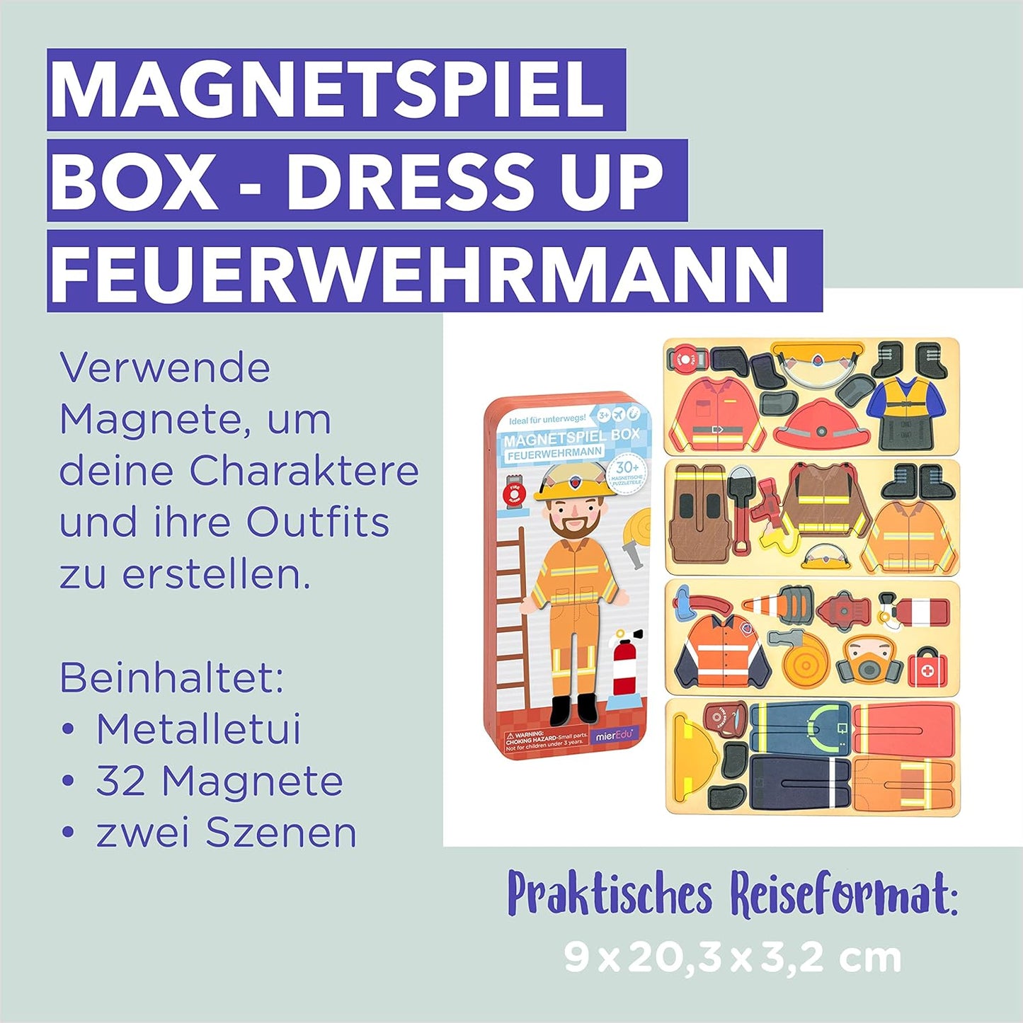 mierEdu Magnetic Game Box Fireman for Dressing – Promotes Motor Skills + Fantasy, Ideal for Home & Travel Game for Children, Fire Brigade Kit from 3 Years, Travel Games Children from 3 Years
