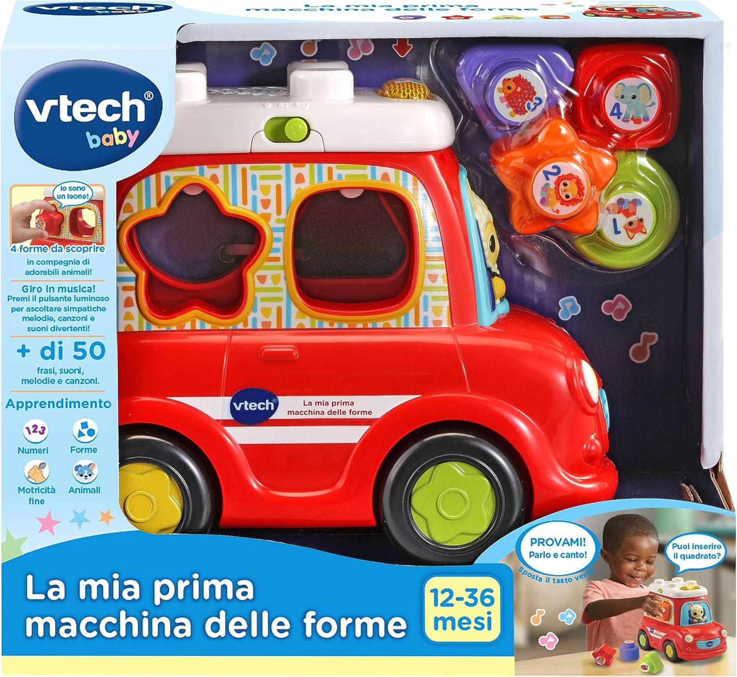 VTech Ma première Machine à Formes, Tambour Musical pour Enfants, Jouet avec 5 Formes, Instrument de Musique interactif avec 3 chansons et 20 mélodies, Langue Italienne, Piles incluses, 12-36 Mois