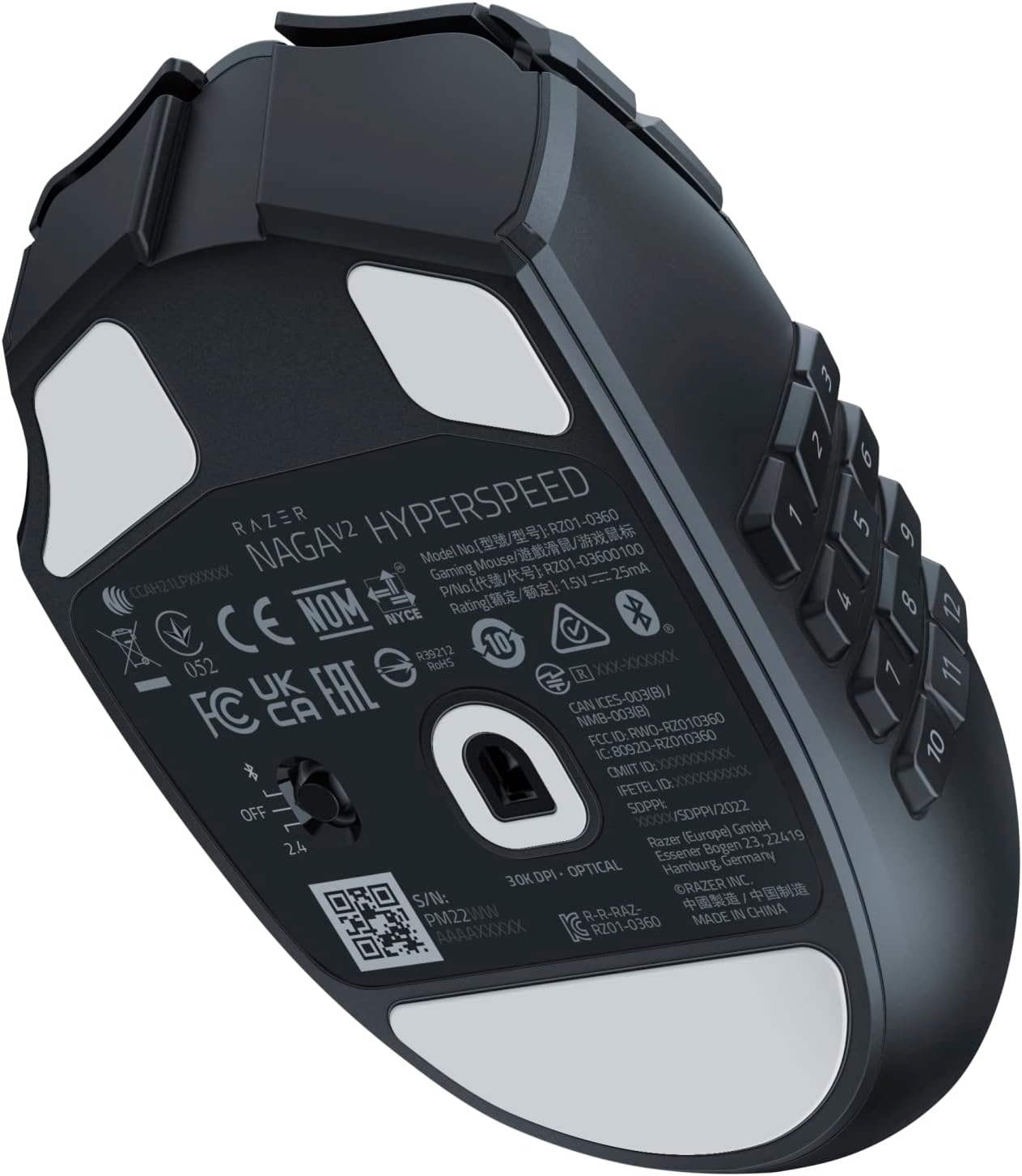Razer Naga V2 HyperSpeed - Ergonomic Wireless MMO Gaming Mouse (with 19 Programmable Buttons, HyperSpeed Wireless (2.4 GHz), Up to 250 Hours of Battery Life, Focus Pro 30K Optical Sensor) Black