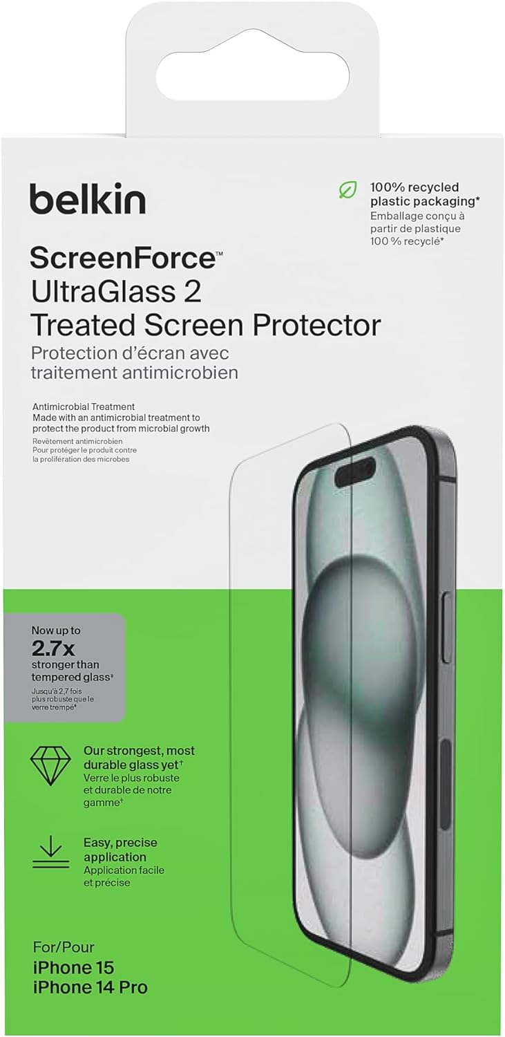 Belkin ScreenForce UltraGlass 2 iPhone 15 Screen Protector, Scratch-Resistant, 9H Hardness Tested Glass, Slim Design, Full Screen Coverage for iPhone 15/14 Pro, Bubble-Free Application included