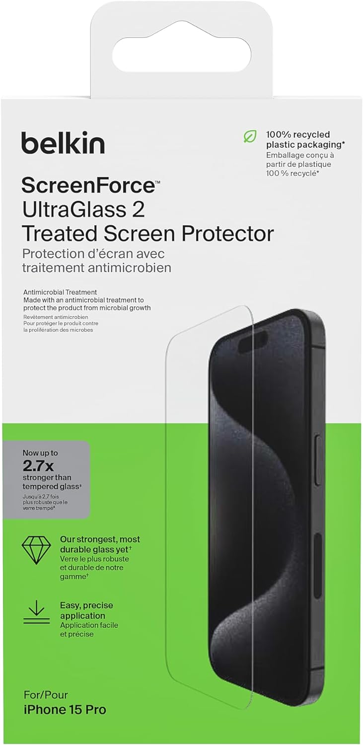 Belkin protector de pantalla con revestimiento ScreenForce UltraGlass 2 para iPhone 15 Pro, antiarañazos, grado 9H de dureza, bandeja de alineación fácil, sin burbujas, ultrafino, cobertura total