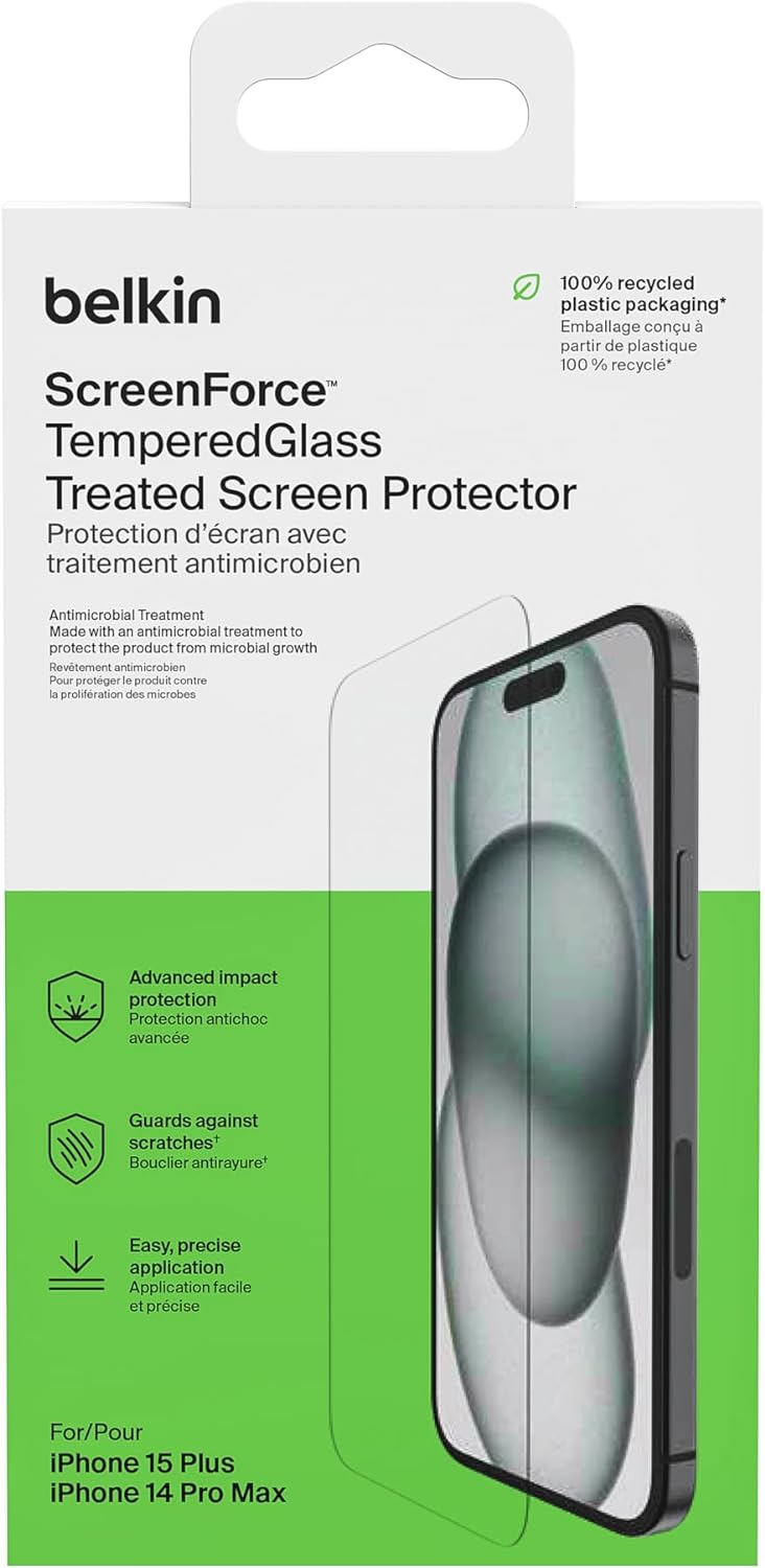 Belkin protector de pantalla ScreenForce TemperedGlass con revestimiento para iPhone 15 Plus/14 Pro Max, claridad y nitidez cristalinas, antiarañazos, bandeja de alineación fácil, sin burbujas