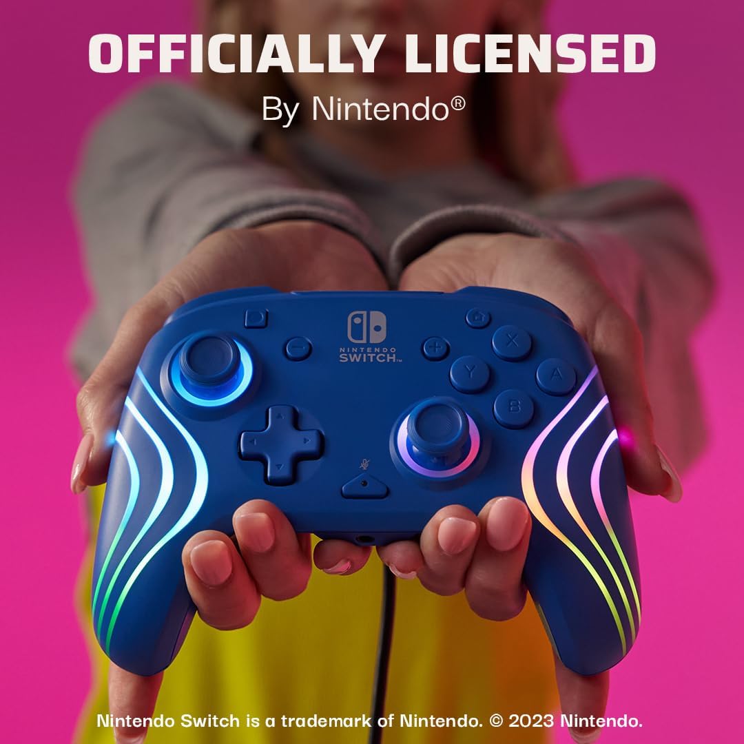 PDP Official Switch Afterglow Wave Wired Controller - Blue Prismatic Blue