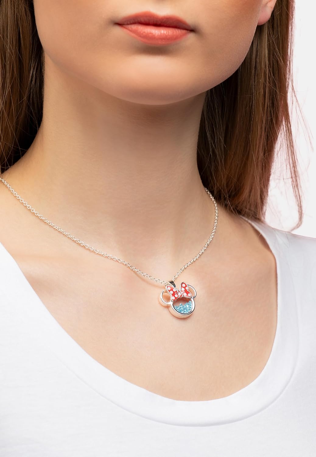 Disney Minnie Silver Plated Brass with Red enamel Bow March Birthstone Floating Stone Necklace CF00308SMARL-Q.PH