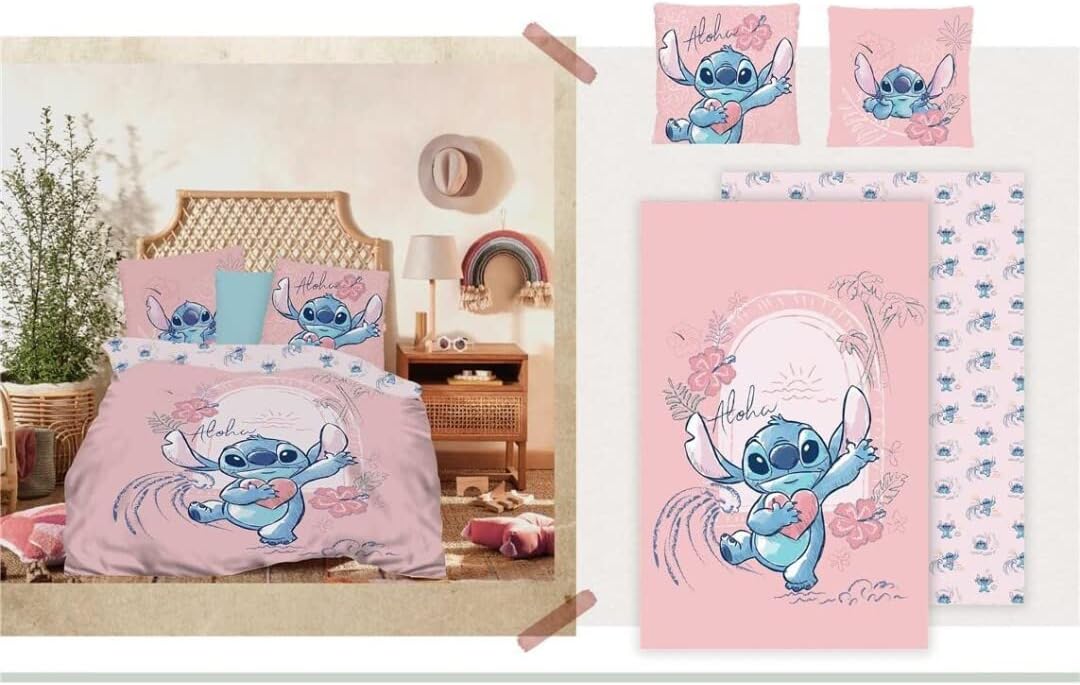 Disney Lilo & Stitch ALOHA PINK Bed Linen Single Duvet Cover Set 140x200+65x65cm
