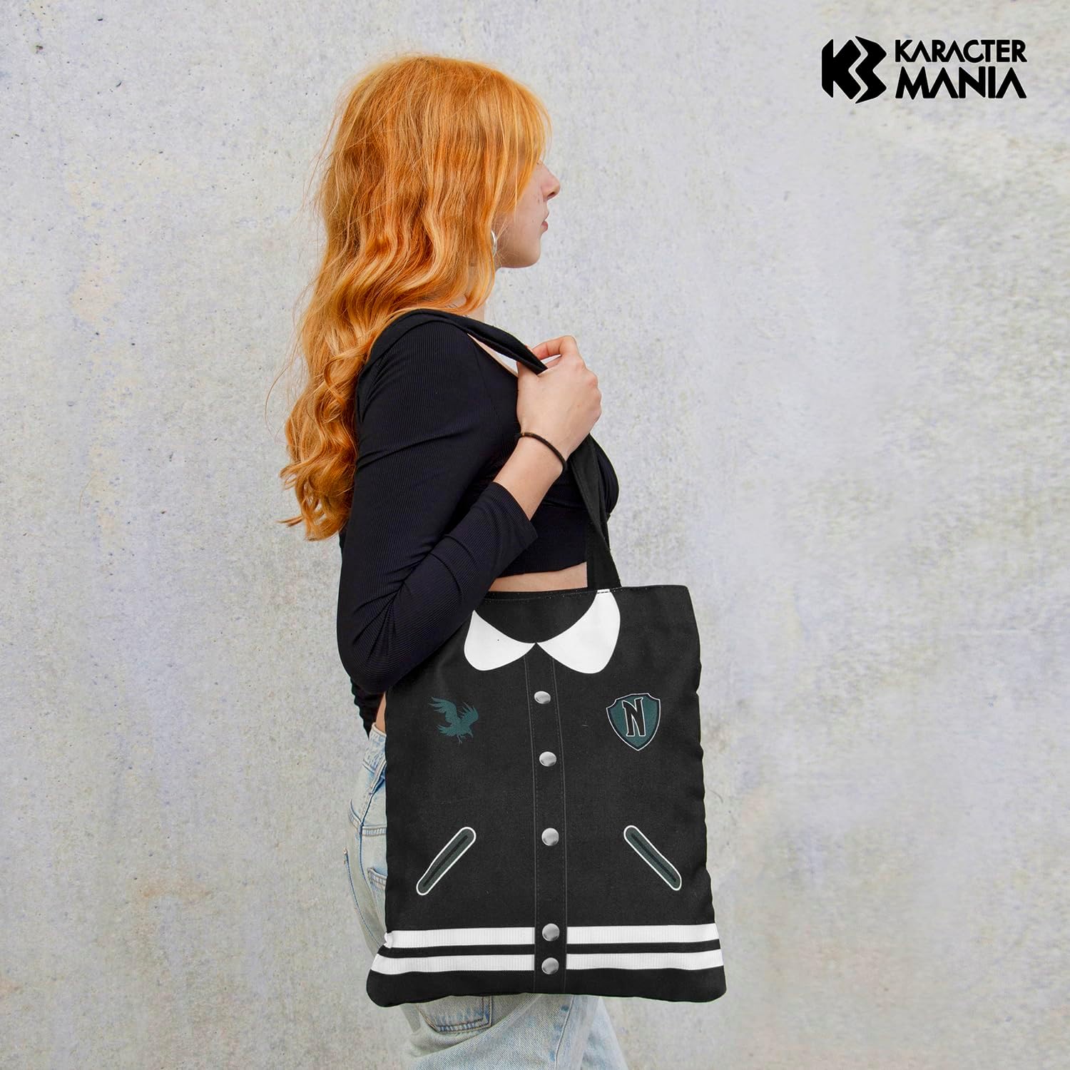 Wednesday Miércoles Varsity-Bolsa de la Compra Shopping Bag, Negro, 34 x 40 cm