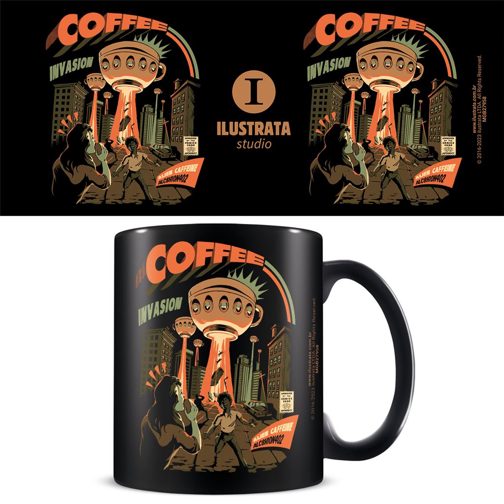 Pyramid International Ilustrata Taza (Coffee Invasion Design) Taza de café de cerámica de 325 ml, tazas y tazas de café para hombres y tazas para mujeres - Producto oficial