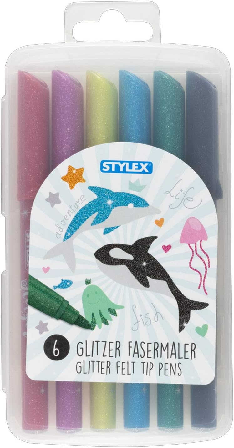 Stylex 64016 - Glitzer Fasermaler, Fasermalstifte für Kinder, 6 Farben in wiederverschließbarer Box, zum Malen, Basteln und Zeichnen