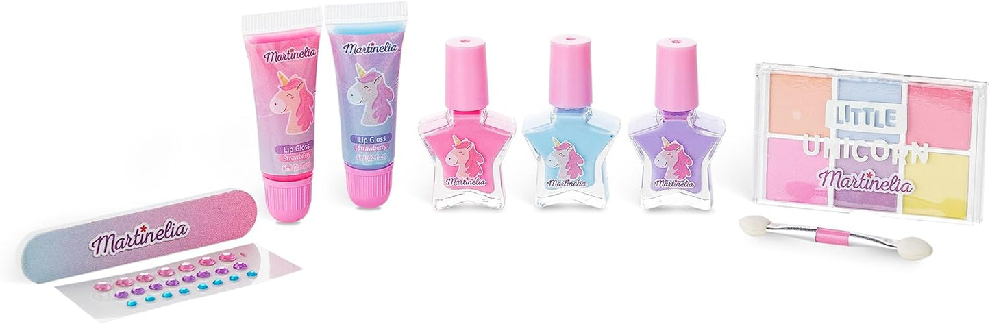 Martinelia Children's Make-Up Set + Unicorn Backpack – Girl's Beauty Set 2 Gloss, 3 Children's Nail Polishes, 1 Nail File, Stickers, 6 Eyeshadows & Brush – No Harmful Products