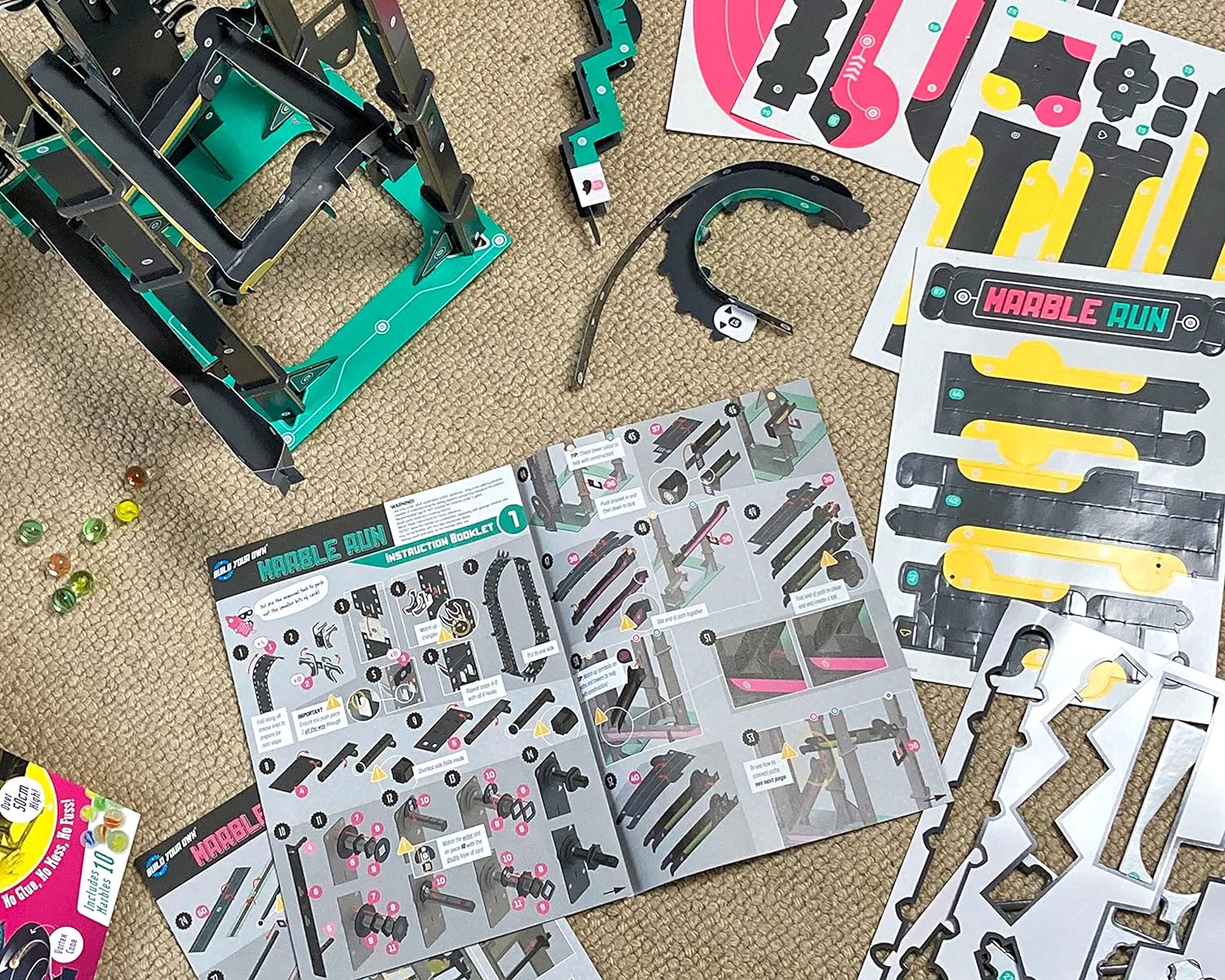 Build Your Own Cardboard Marble Run - Includes x10 Swirly Glass Marbles - Eco Friendly Cardboard Craft Kit - Ages 10+