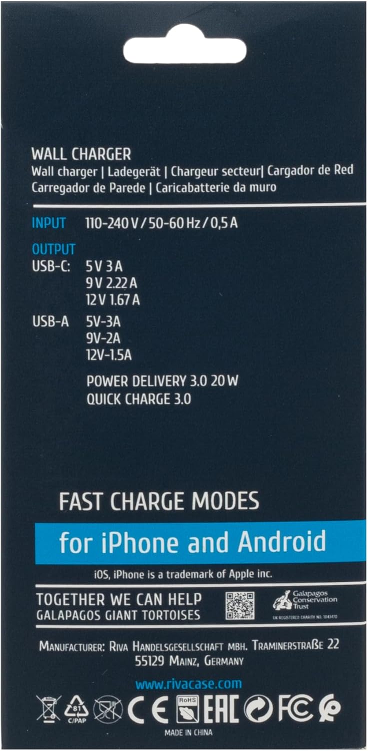 RIVACASE PS4102 - Caricatore rapido - 42 x 28 x 80 mm - Power Delivery 20 W - USB-A + USB-C Wall Charger (EU Plug) - Alimentatore USB PD 20 W + QC 3.0 - Design compatto, bianco