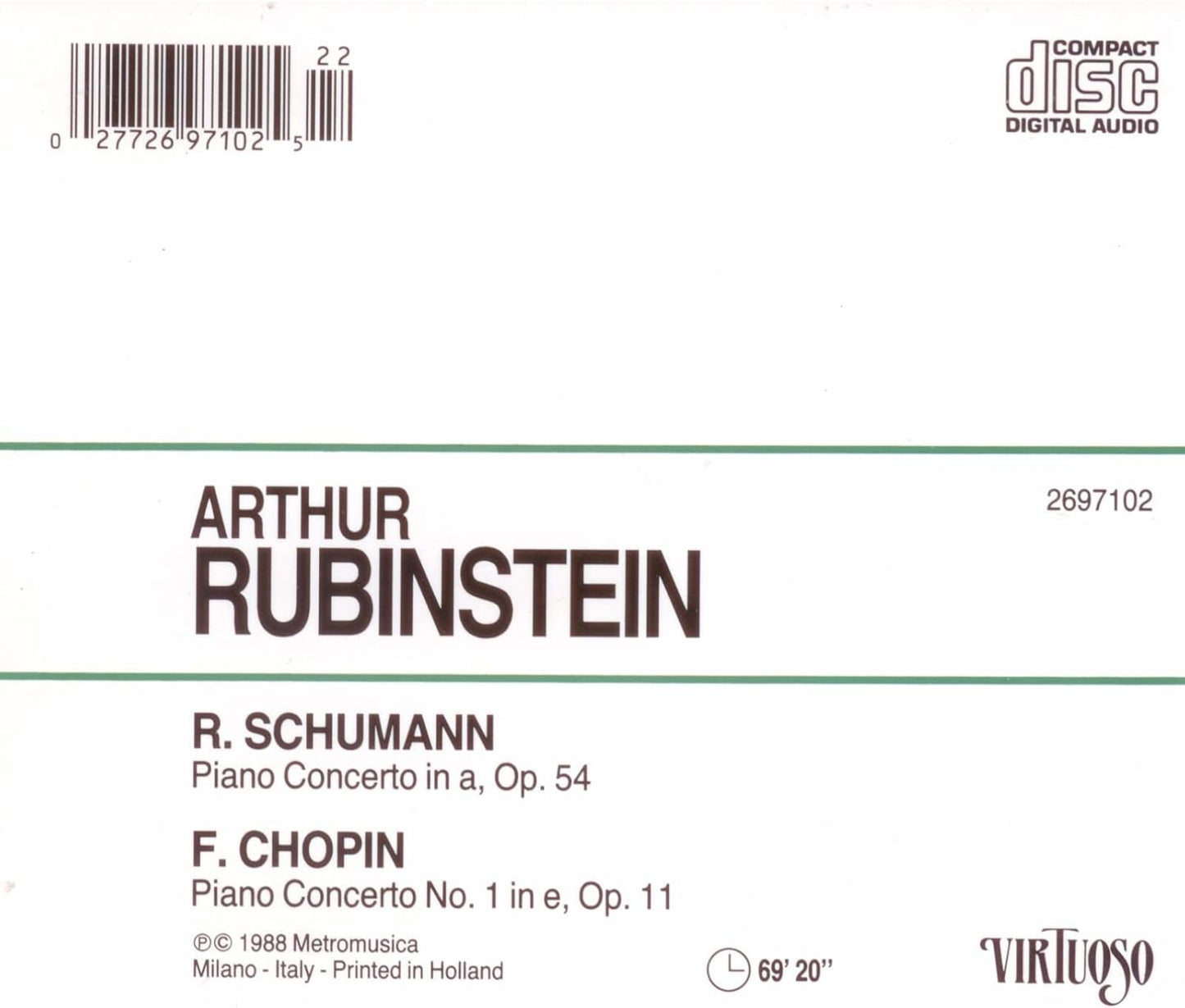 Arthur Rubinstein Plays Piano Concertos by Schumann, Op.54 & Chopin, No.1, Op.11