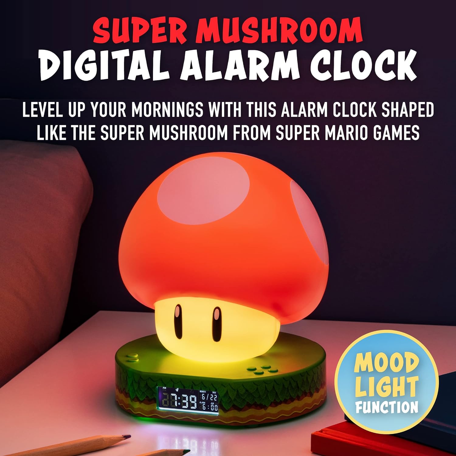 Paladone Super Mushroom Digital Alarm Clock with Power Up Sound, Officially Licensed Nintendo Merchandise One Size Multicoloured