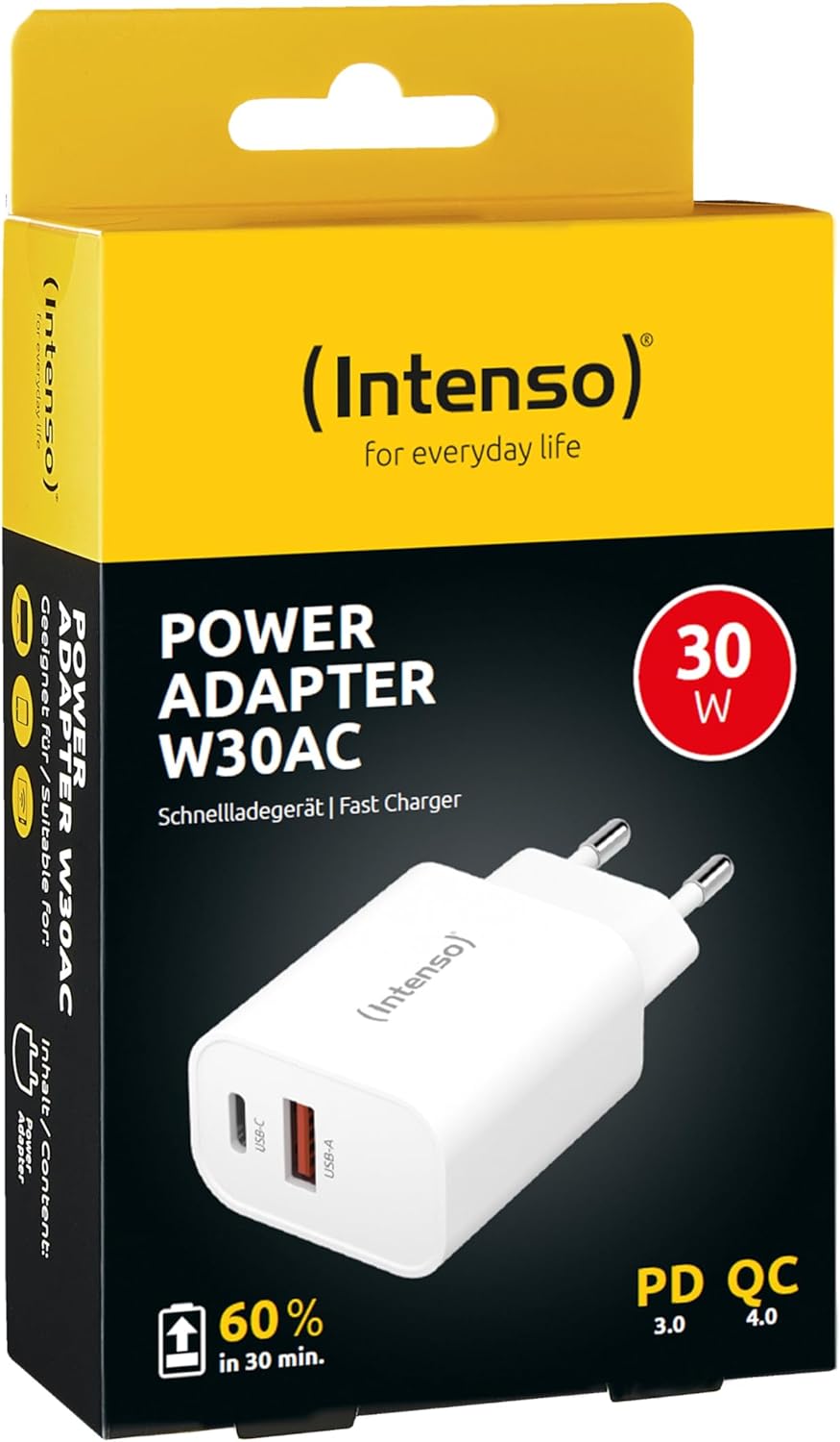 Intenso Power Adapter W30AC, 30 Watt power supply with USB-A and USB-C connection, white