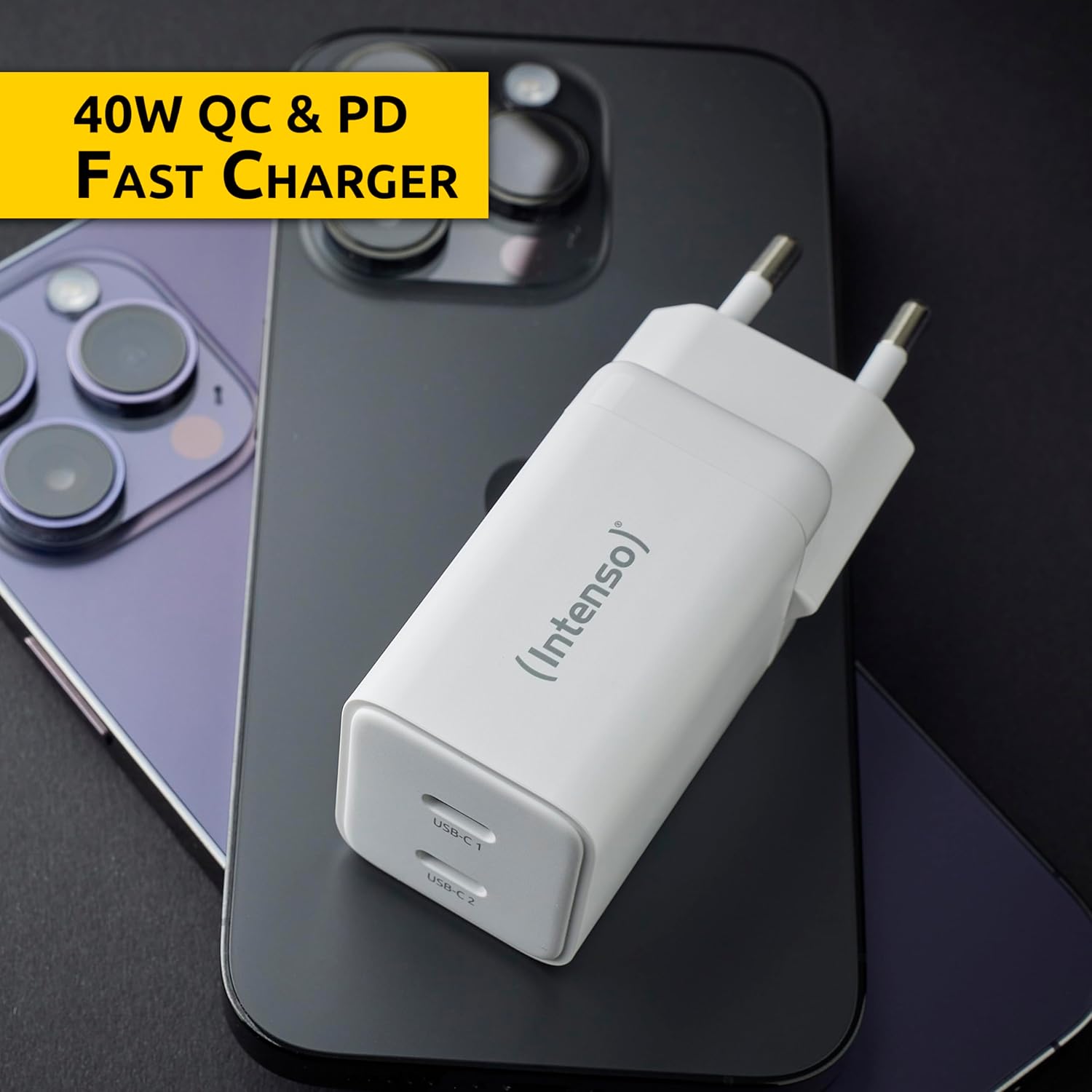Intenso Power Adapter W40CC GaN, USB-C Power Supply with 2 USB-C Ports, 40 Watts and GaN Technology, White