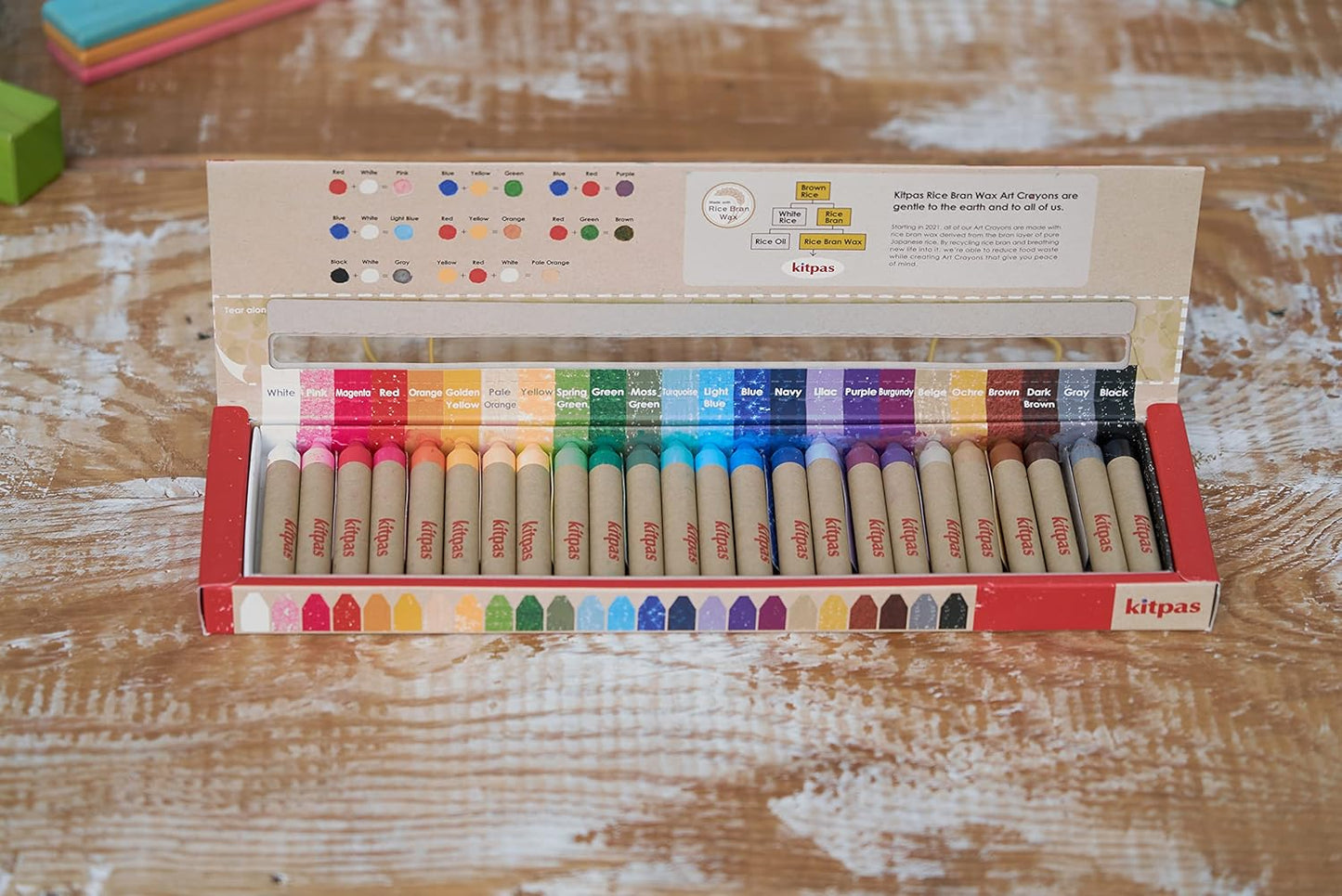 Kitpas Rice Bran Wax Art Crayons 24 Colors for Kids ages 3+, Window Art, Erasable, Water-Soluble, English Edition