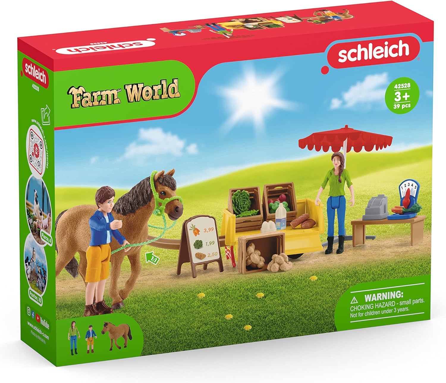 schleich FARM WORLD — 42528, Sunny Day Mobile Farm Stand Playset, Farm Play Set with Farmer Dolls, Horse and Mobile Produce Stand, Farm Animal Toys for Kids Ages 3+