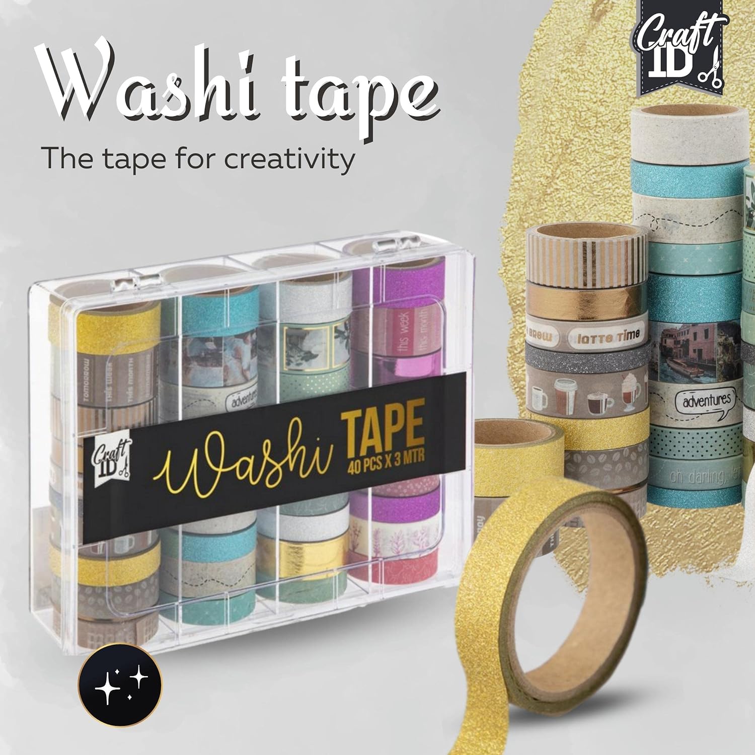 Craft ID Washi Tape Set Vintage | 40 Rolls | Decorative Coloured Tape for Scrapbooking Bullet Diary | Pattern Tape | Decorative Diary | Adhesive Glitter for Crafts | Wedding Stickers