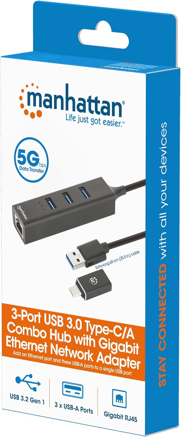 MANHATTAN 180894 USB 3.0 Hub 3 Ports Combo Type-C/A with Gigabit Network Adapter Black