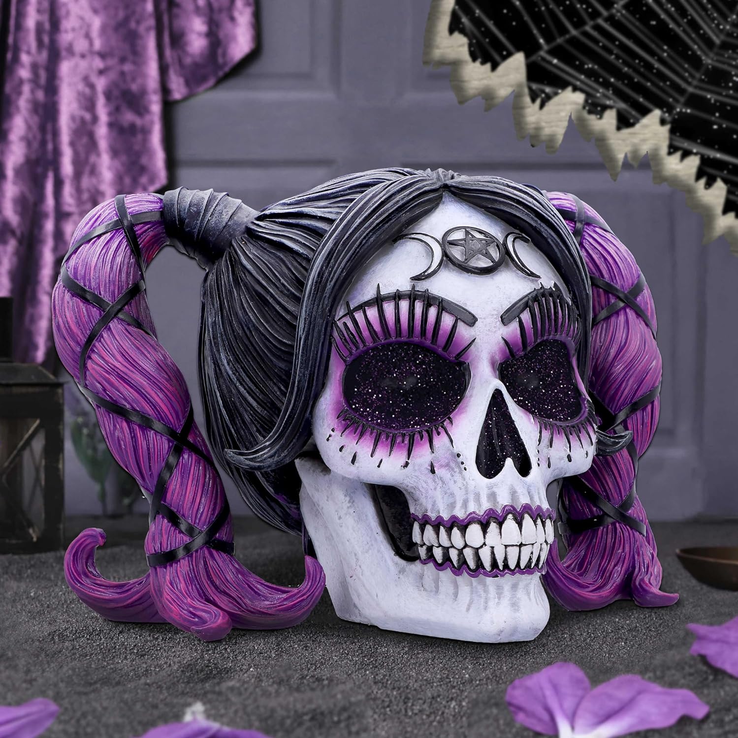 Nemesis Now Drop Dead Gorgeous Myths and Magic Figurine 20.5cm, Resin, Voodoo Doll Skull Ornament, Female Skull with Purple Hair and Glitter Eyes, Cast in the Finest Resin, Expertly Hand-Painted