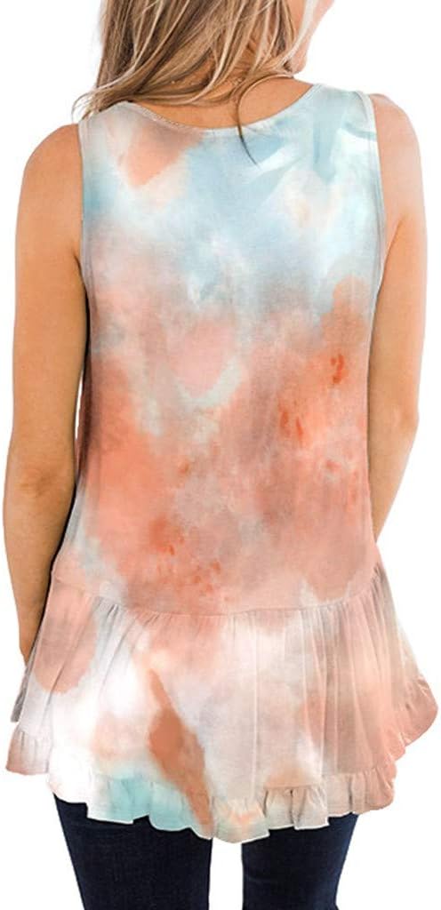 YTao Tank Tops for Women,Women's Summer Tie-Dye Sleeveless Crew-Neck Ruffles T-Shirt Casual Tank Tops (L,Yellow