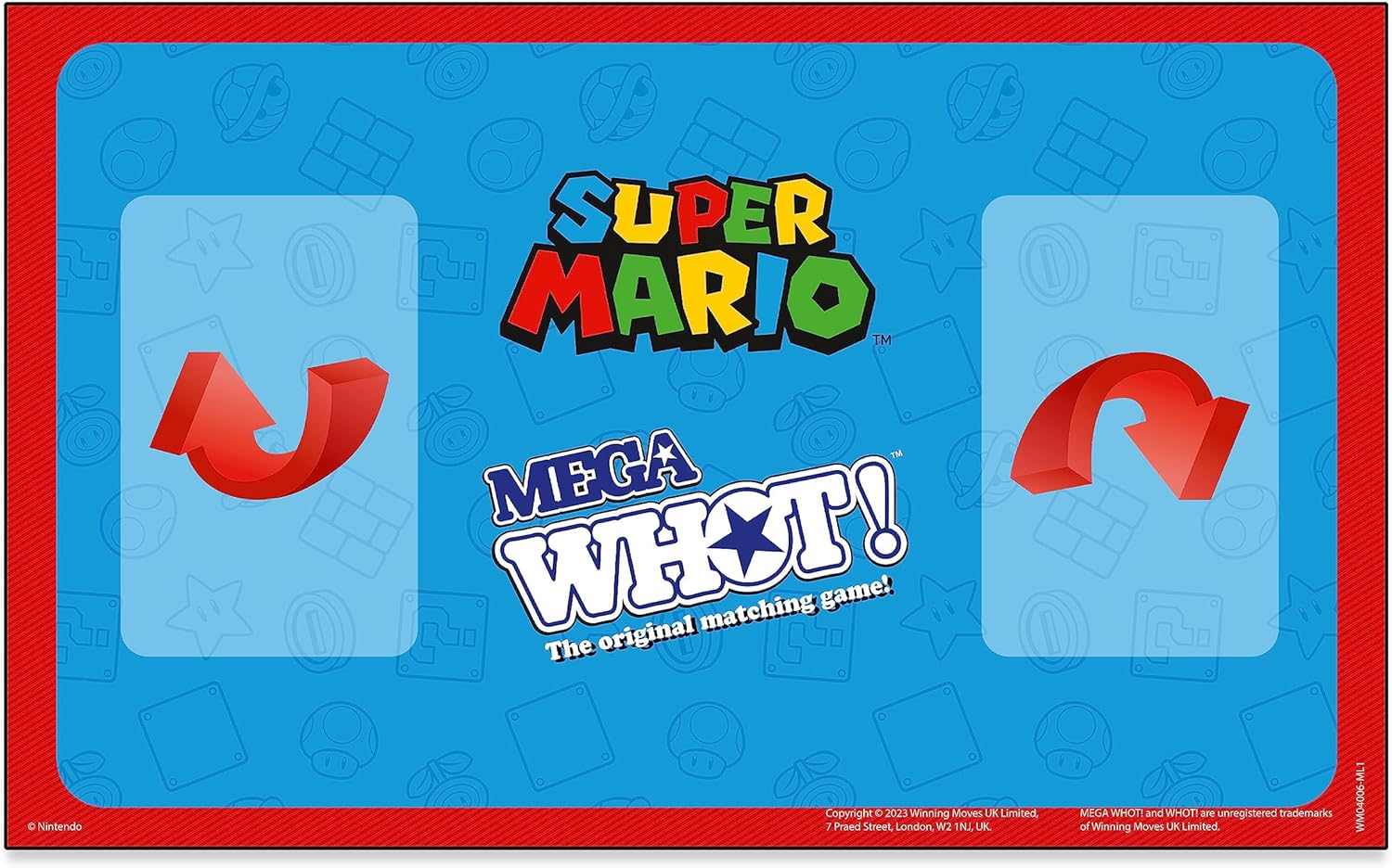 Waddingtons Number 1 Super Mario Mega WHOT! deluxe edition, the original matching game now with a custom game board, match Luigi and Yoshi, gift for ages 5 plus