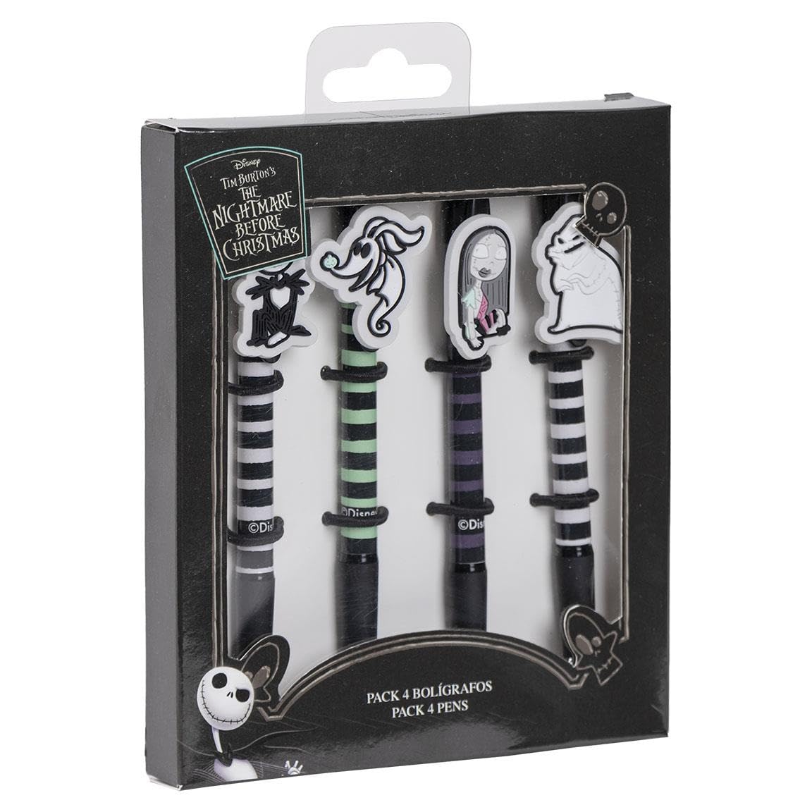Pack of 4 Nightmare Before Christmas Pens - Includes Multiple Designs in White, Green, Purple and Black - Made of Plastic and Rubber - Original Product Designed in Spain
