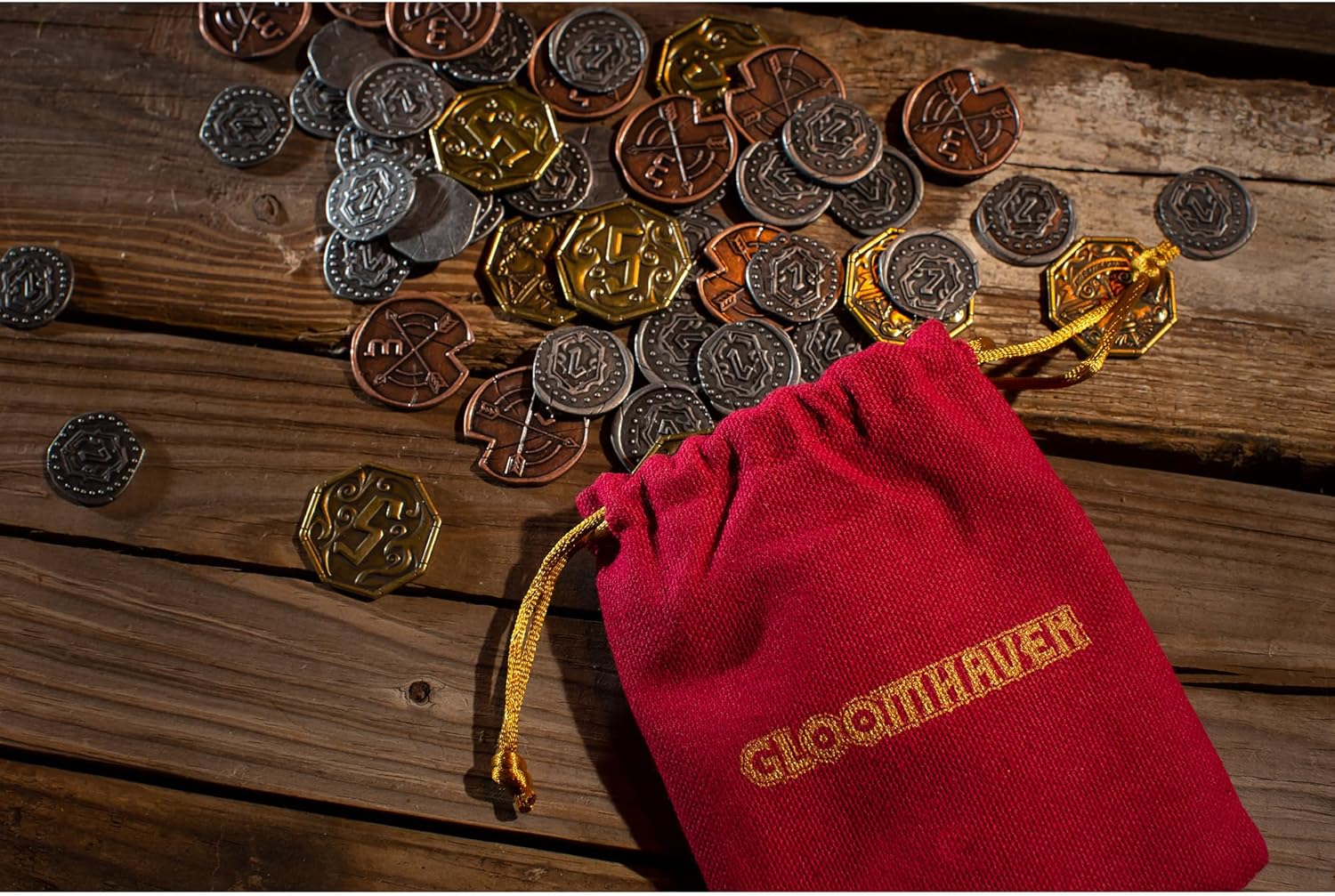 Cephalofair Games: Gloomhaven: Metal Coin Upgrade - 60 Coins & Drawstring Bag, Board Game Accessory, Metal Currency, Detailed Art