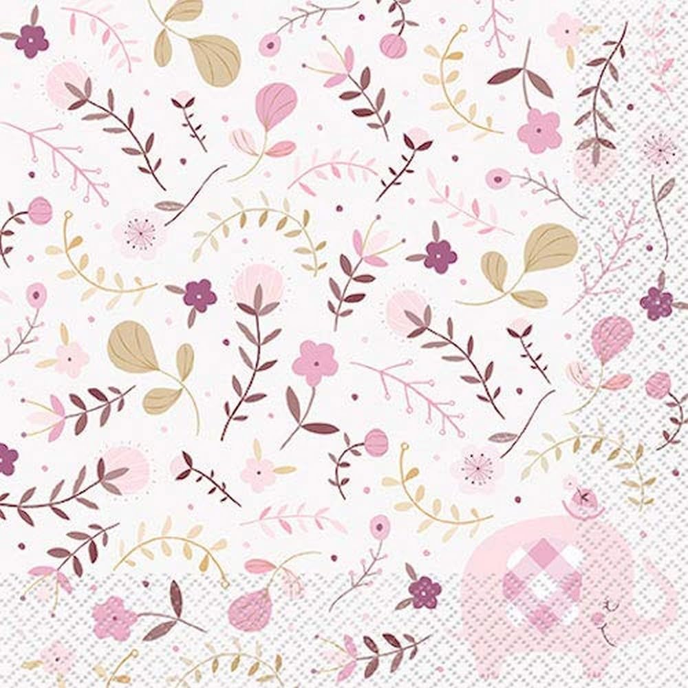 Unique, rosa, Tovaglioli da pranzo con elefante floreale per baby shower, 16 pezzi, 78372