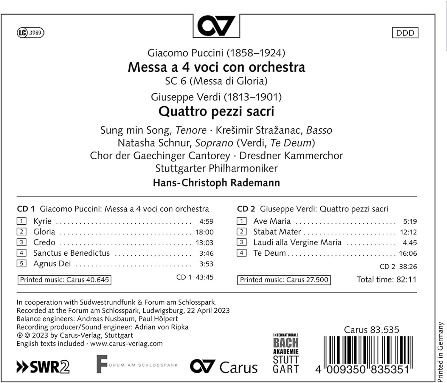 Giacomo Puccini: Messa a 4 Voci Con Orchestra (Messa Di Gloria): Giuseppe Verdi: Quattro Pezzi Sacri