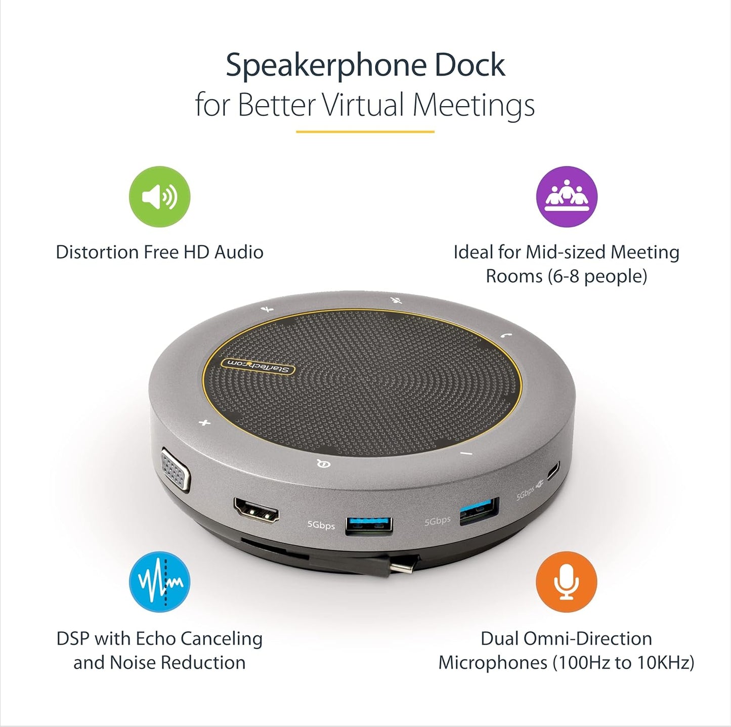 StarTech.com USB-C Speakerphone Docking Station, Mini Portable Conference Speaker and Audio Dock, USB-C to VGA/4K HDMI, 2x USB-A Hub, Mic/Speaker, Teams/Zoom/Softphone Speakerphone (DKTBRSPMPD