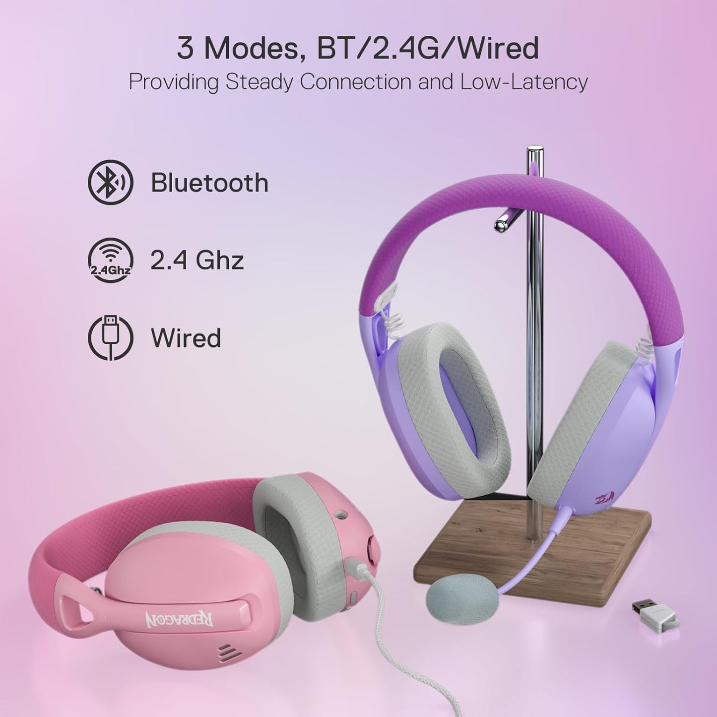 Redragon H848 Bluetooth Wireless Gaming Headset - Lightweight - 7.1 Surround Sound - 40MM Drivers - Detachable Microphone - Multi Platforms for PC, PS5/4/3, Switch, Mobile, Purple
