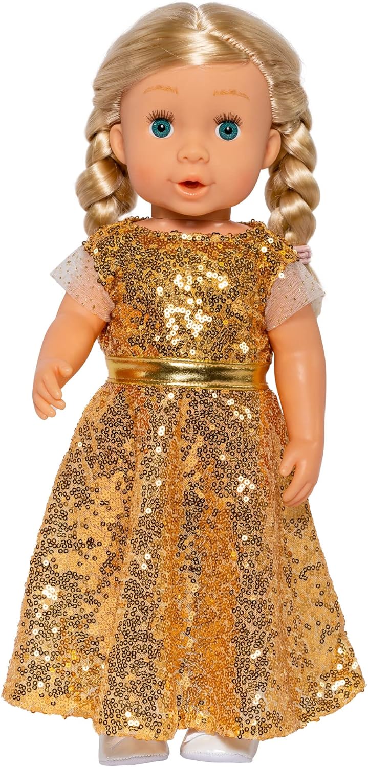 Heless 2330 - Doll Clothes in Goldstar Design, Dress with Golden Sequins and Belt for Dolls and Cuddly Toys Size 35 - 45 cm