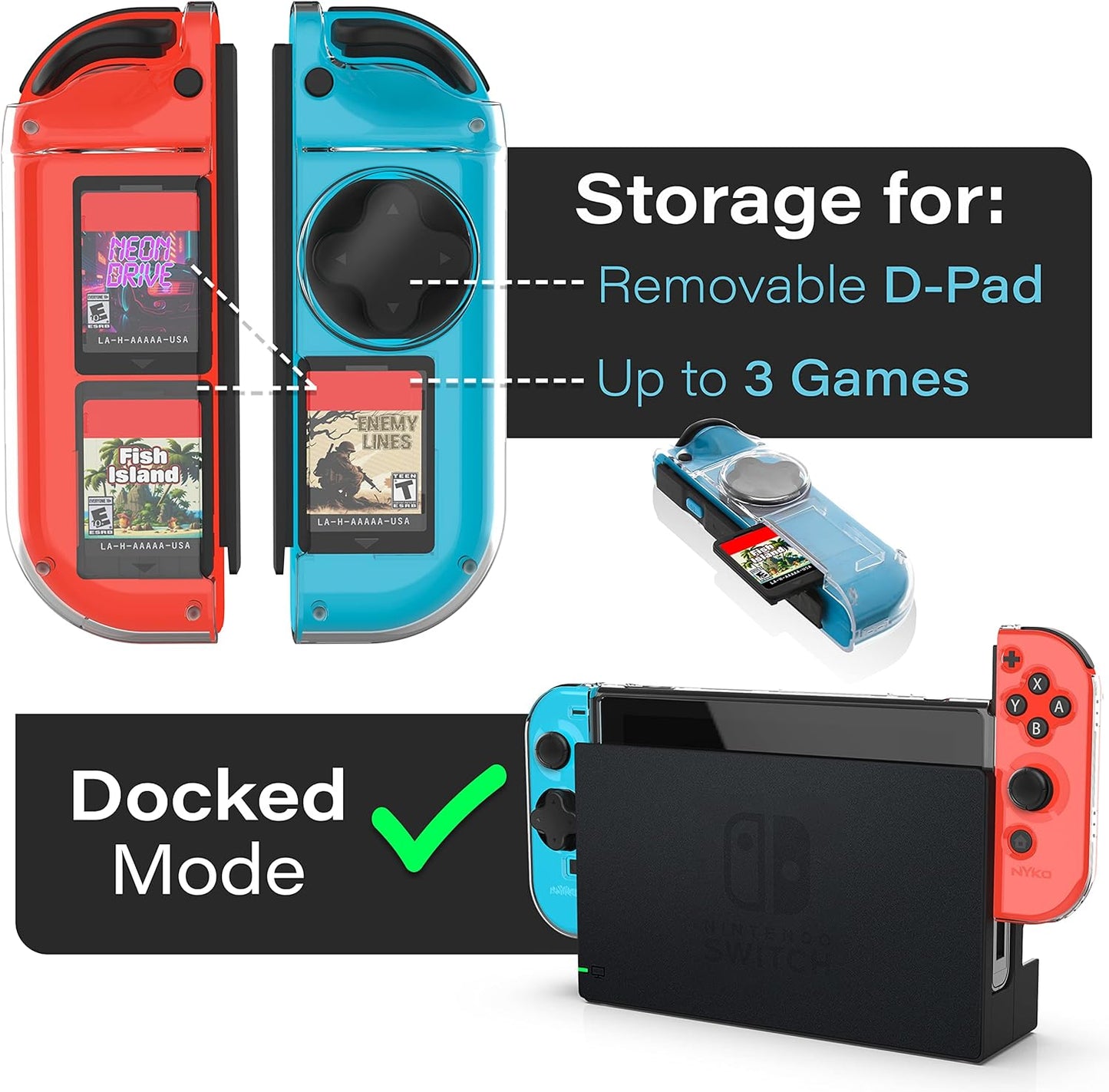 Stuurkruisadapter & beschermhoes voor Joy-Con™ + Nintendo Switch™ incl. houder voor maximaal 3 game-cartridges, transparant (87276 Dpad Case Switch