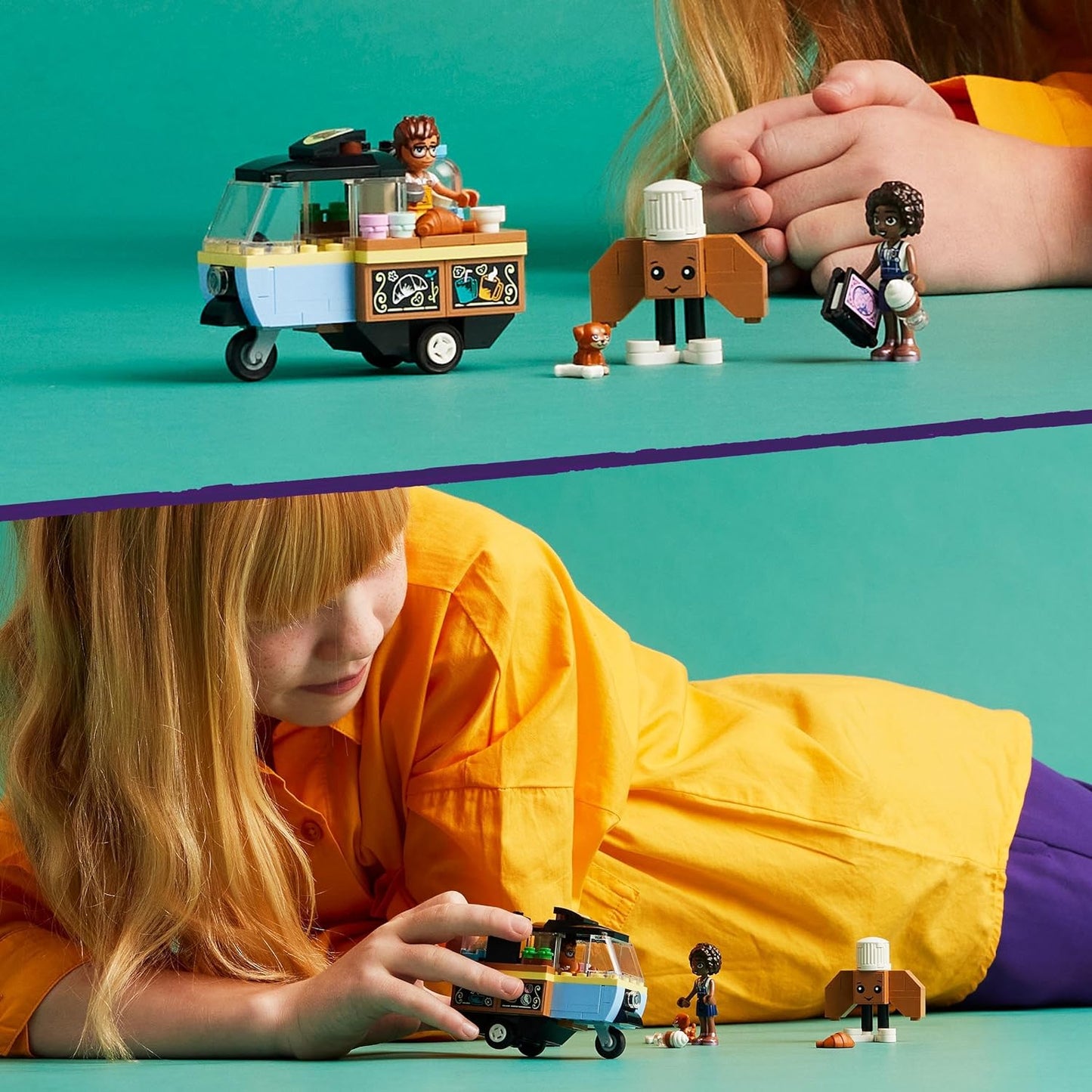 LEGO Friends Rollendes Café, Kleines Bäckerei-Spielzeug für Kinder, Geschenk für Mädchen und Jungen ab 6 Jahren, Lernspielzeug mit den Figuren Aliya, Jules und dem Hund Aira 42606