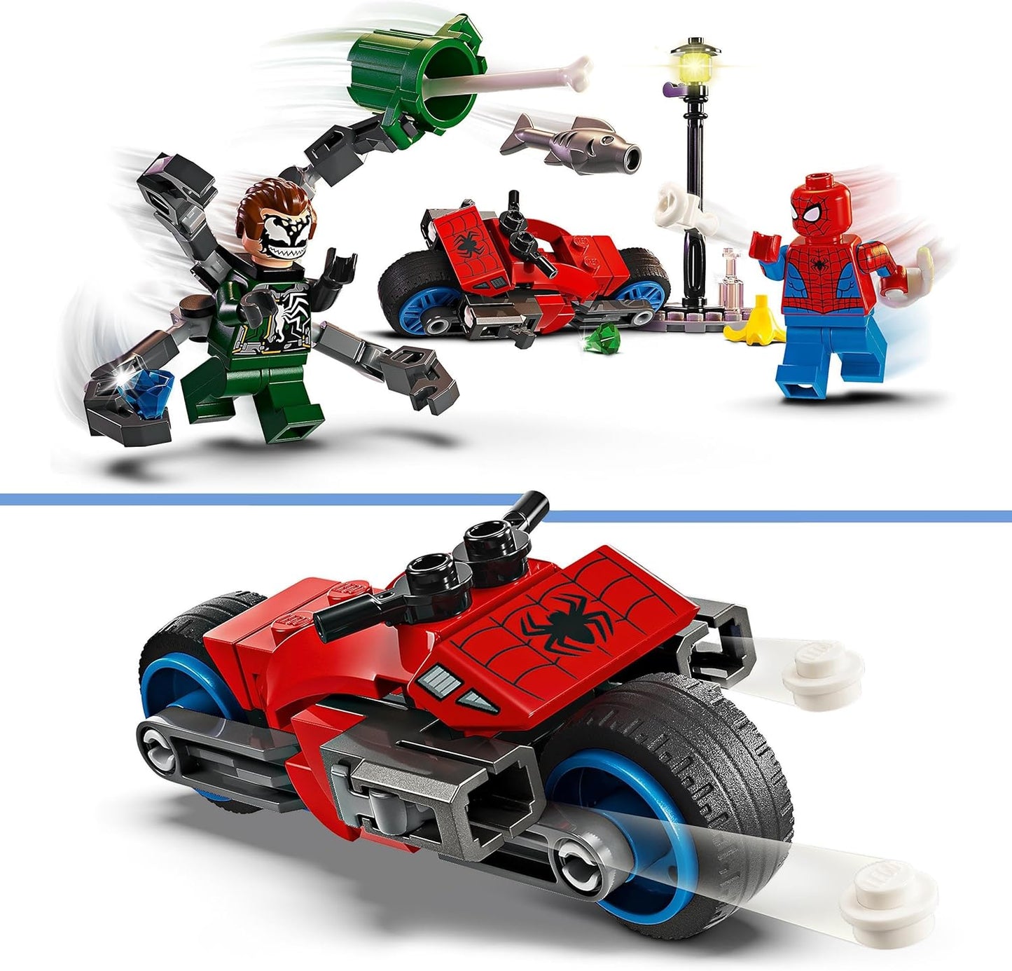 LEGO Marvel Motorcycle Chase: Spider-Man vs. Doc Ock, Motorbike Building Toy for Kids, Boys and Girls aged 6 Plus with Stud Blasters, Web Shooters & 2 Minifugres Incl. Spidey, Super Hero Gifts 76275