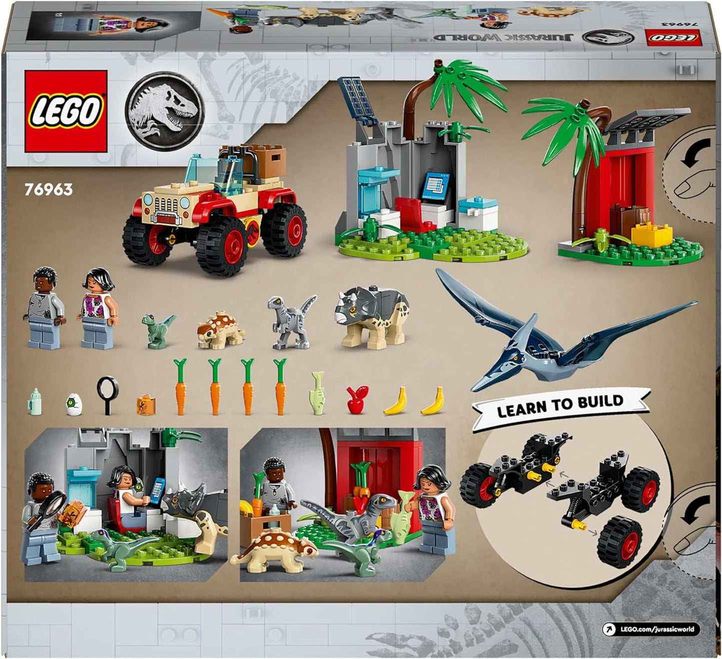 LEGO Jurassic World Baby Dinosaur Rescue Centre Toy for Kids, Mini Triceratops, Ankylosaurus and Velociraptor Dino Figure Toys, Gifts for Boys and Girls Aged 4 Plus 76963
