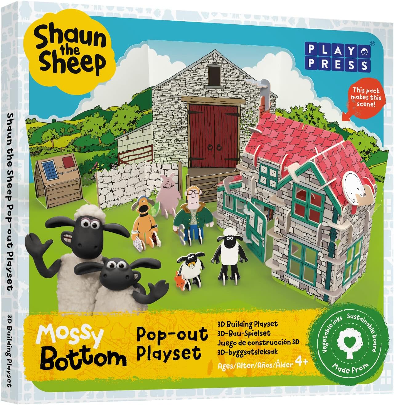 PLAYPRESS Shaun The Sheep Mossy Bottom Pop-out Playset - Includes Farmers House, Shaun, Timmy & Other Characters - Eco-Friendly Building Toys - Ages 5+