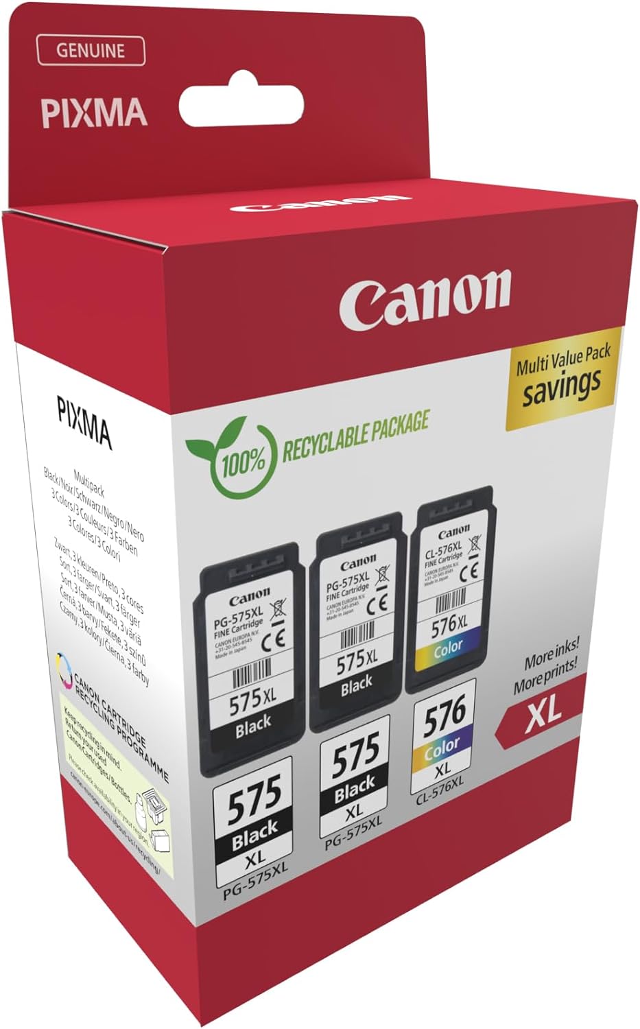 Canon PG-575XL x 2 / CL-576XL High Yield Genuine Ink Cartridges, Pack of 3 (2 x Black, 1 x Colour) - Cardboard Multipack