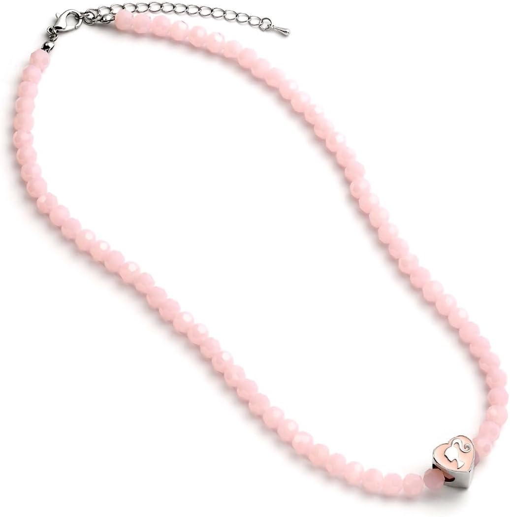 Barbie™ Rosa Perlen-Halskette mit herzförmigem Silhouetten-Anhänger, Einheitsgröße, Zink, Barbie Pink Bead Necklace With Heart Shaped Silhouette Pendant, Barbie™ ️ Roze kralen ketting met hartvormige silhouet charme, Eén maat, Zink