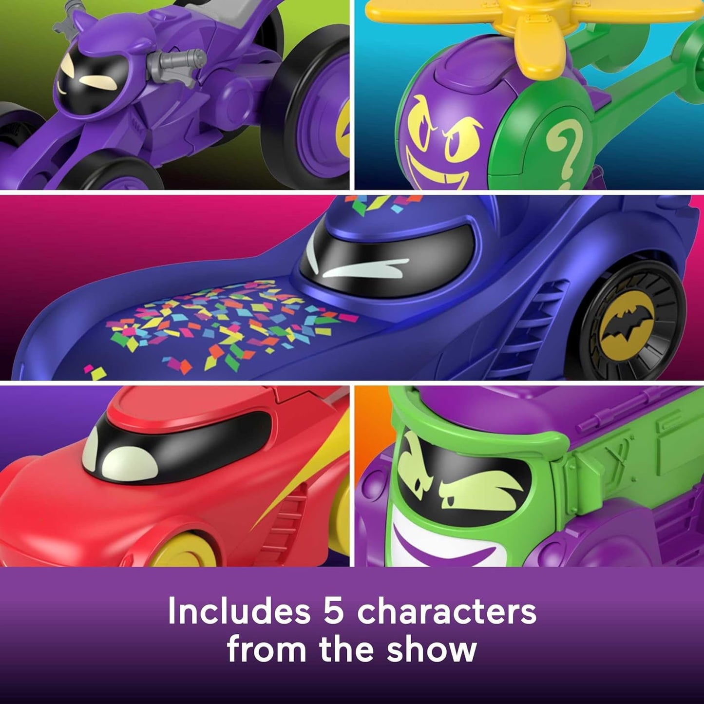Fisher-Price DC Batwheels 1:55 Scale Toy Cars 5-pack, Bam Batmobile Redbird Prank Bibi & Quizz, Batcast Metal Diecast Vehicles, Ages 3+, HML21 Confetti Pack