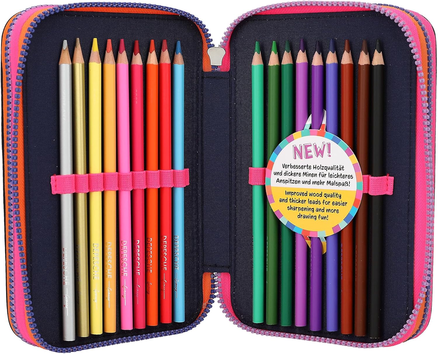 Depesche 12597 TOPModel Night Light Filled with 3 Compartments with Pattern Pattern, Dark Blue Pencil Case with Coloured Pencils, Ruler, Scissors and Much More, Multicoloured