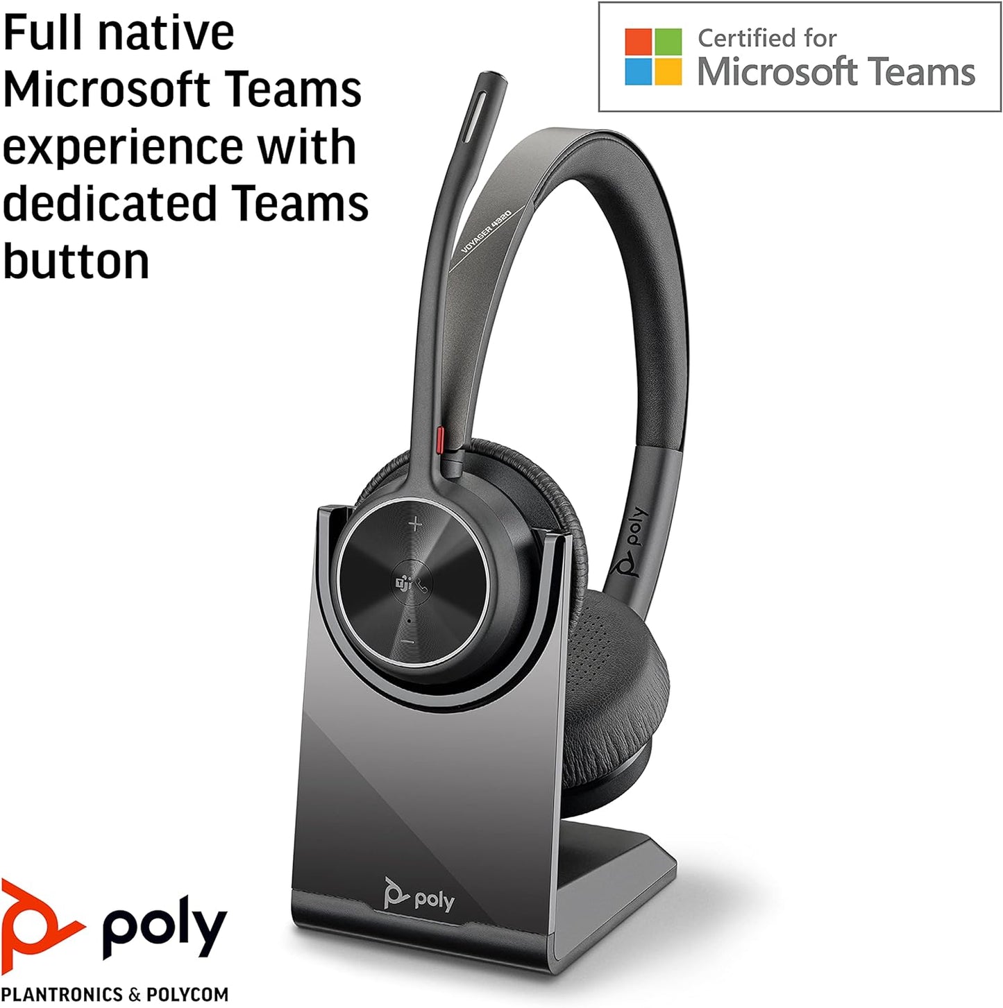 Poly - Voyager 4320 UC Wireless Headset + Charge Stand (Plantronics) - Headphones w/ Mic - Connect to PC/Mac via USB-A Bluetooth Adapter, Cell Phone via Bluetooth-Works w/ Teams (Certified), Zoom&More