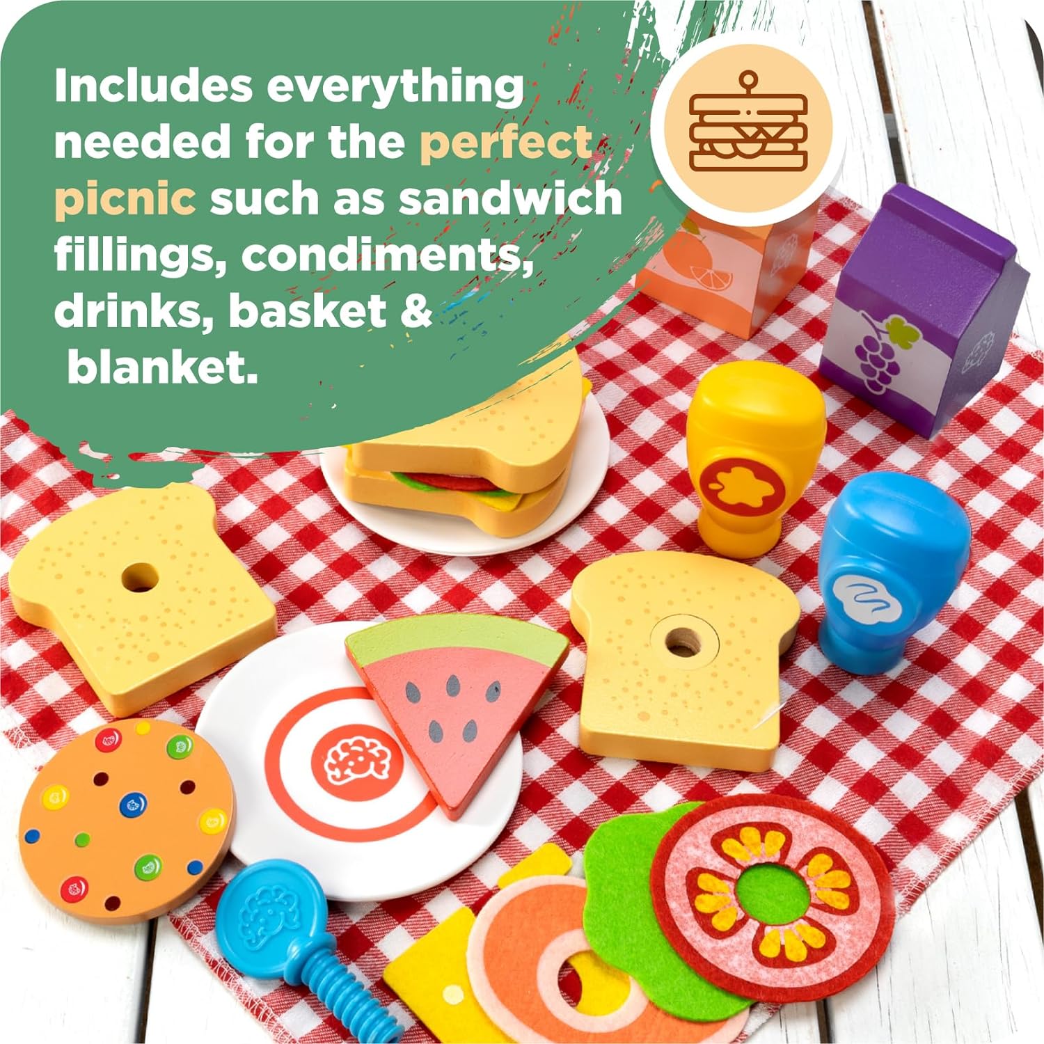 Fat Brain Toys Pretendables Picnic Basket Set - Kids Toy Picnic Basket and Blanket with Wooden Play Food and Accessories - Educational Play Kitchen Kids Toys - Durable Toy Food Set for +3 Year Olds